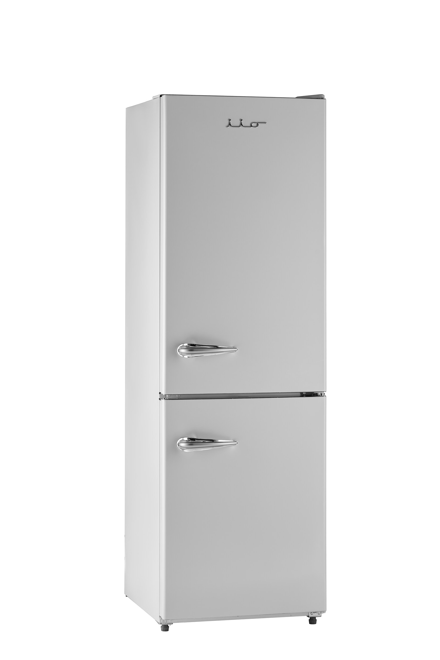 Refrigerador con congelador inferior de profundidad estándar de 11 pies cúbicos en blanco con estilo retro-moderno.