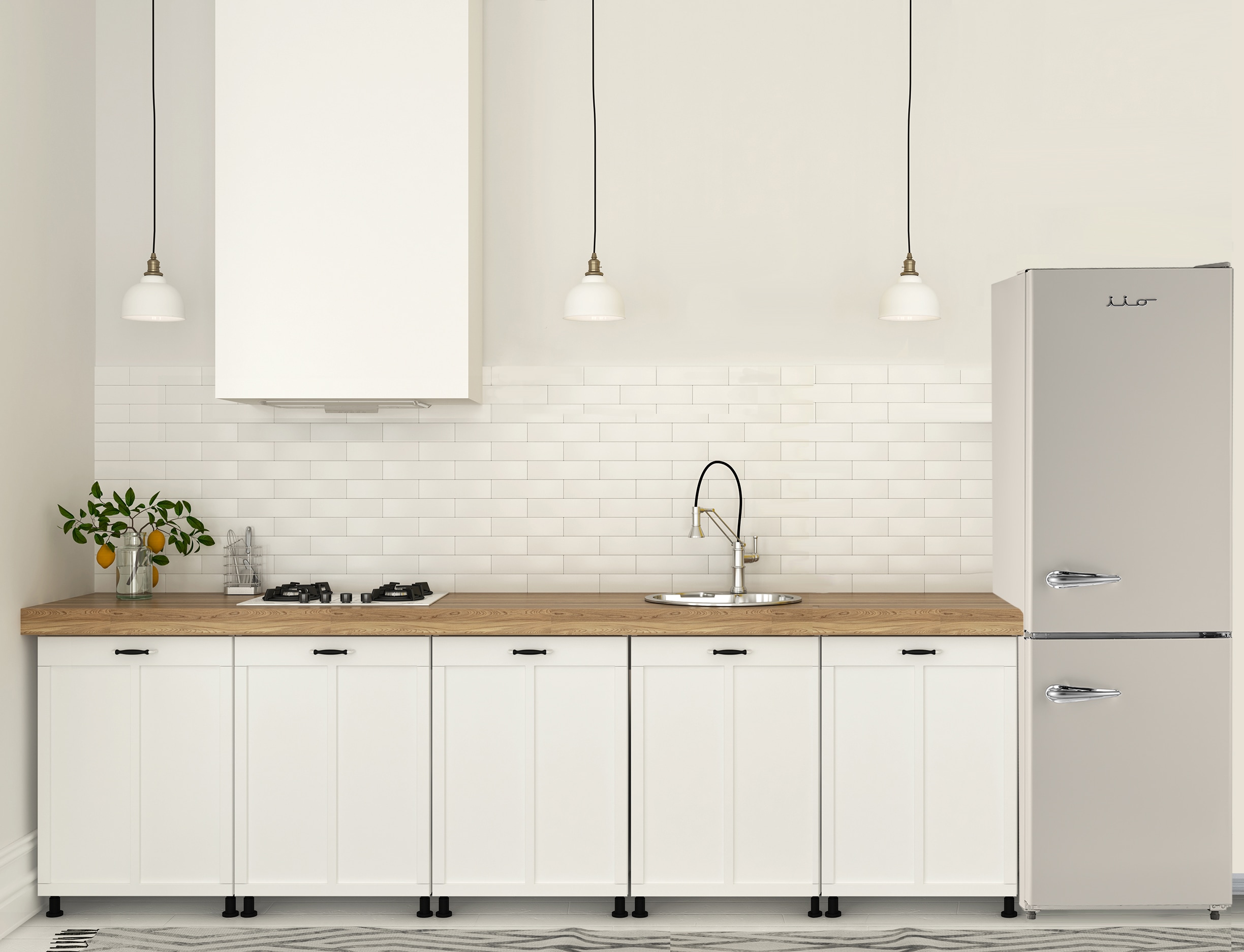 Refrigerador con congelador inferior de profundidad estándar de 11 pies cúbicos en blanco con estilo retro-moderno.