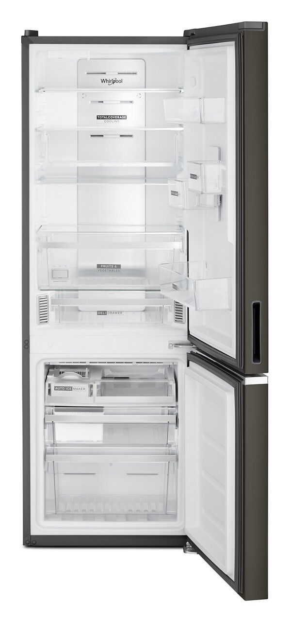 Refrigerador Whirlpool de 12.7 pies cúbicos, con congelador en la parte inferior y fabricador de hielo (Acabado en Acero Inoxidable Negro Resistente a Huellas) Listo para Garaje