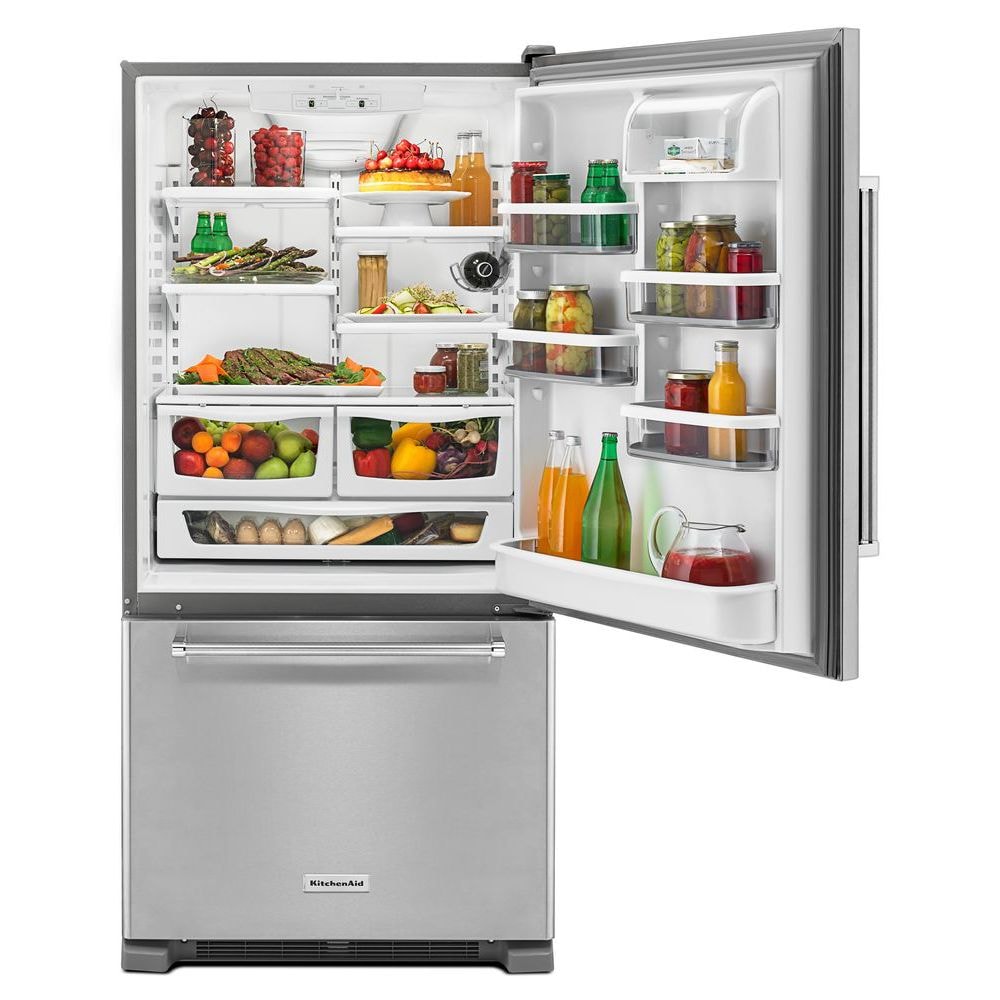 Refrigerador estándar de profunidad con congelador inferior de 22.07 pies cúbicos de KitchenAid con opción de fabricador de hielo (se vende por separado) (Acero inoxidable) Certificación ENERGY STAR KRBR102ESS