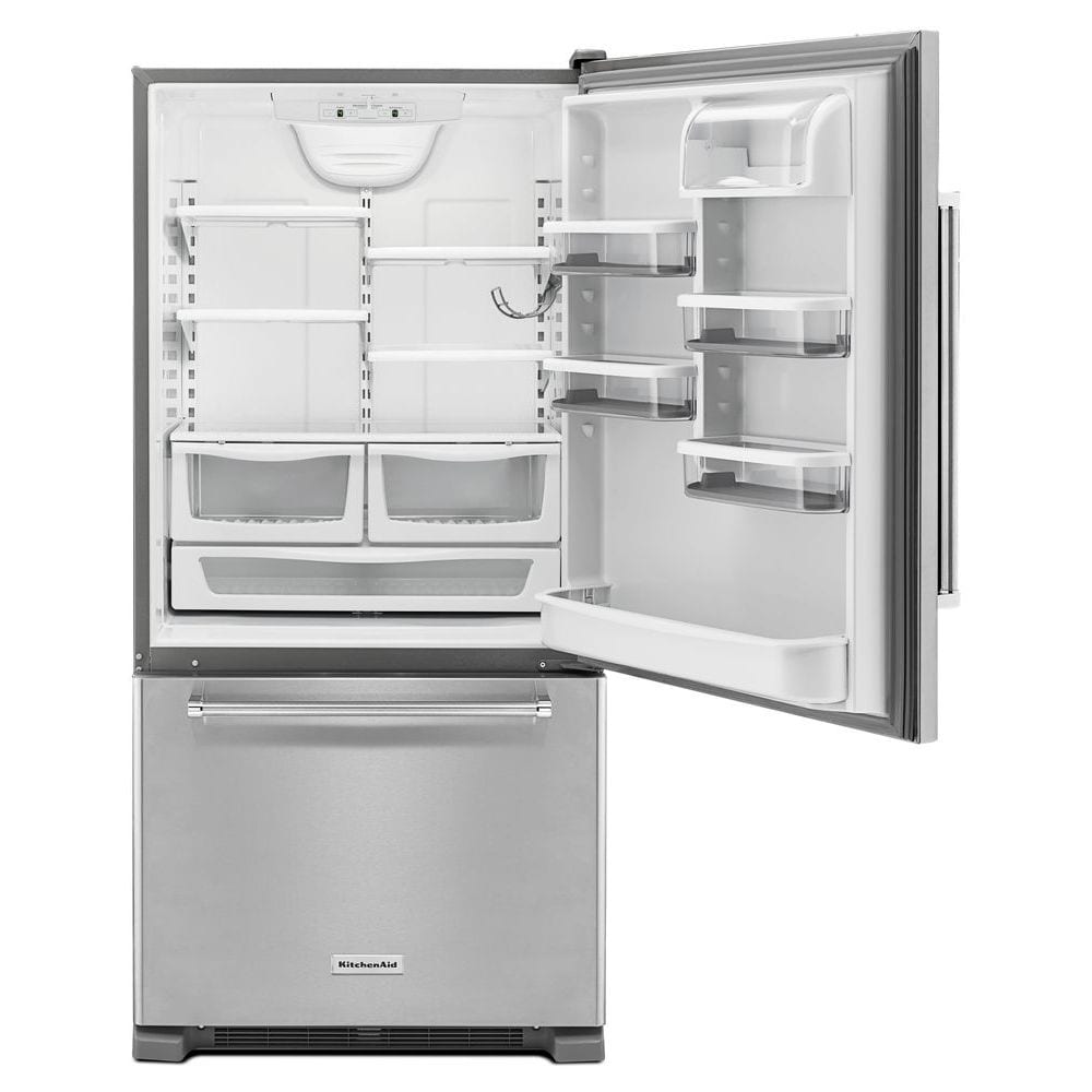 Refrigerador estándar de profunidad con congelador inferior de 22.07 pies cúbicos de KitchenAid con opción de fabricador de hielo (se vende por separado) (Acero inoxidable) Certificación ENERGY STAR KRBR102ESS