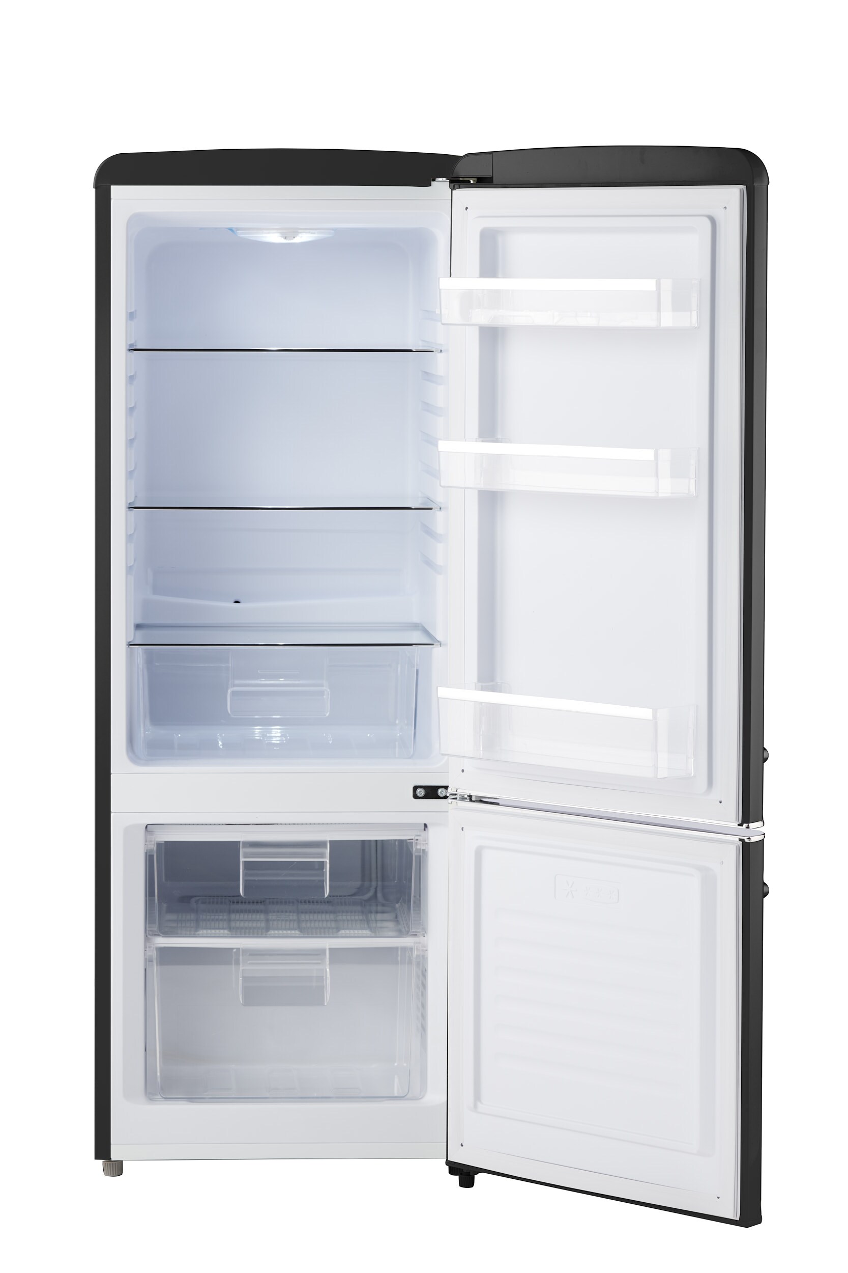 Refrigerador Retro de 7 pies cúbicos con congelador inferior de profundidad estándar en negro medianoche, certificado por ENERGY STAR.