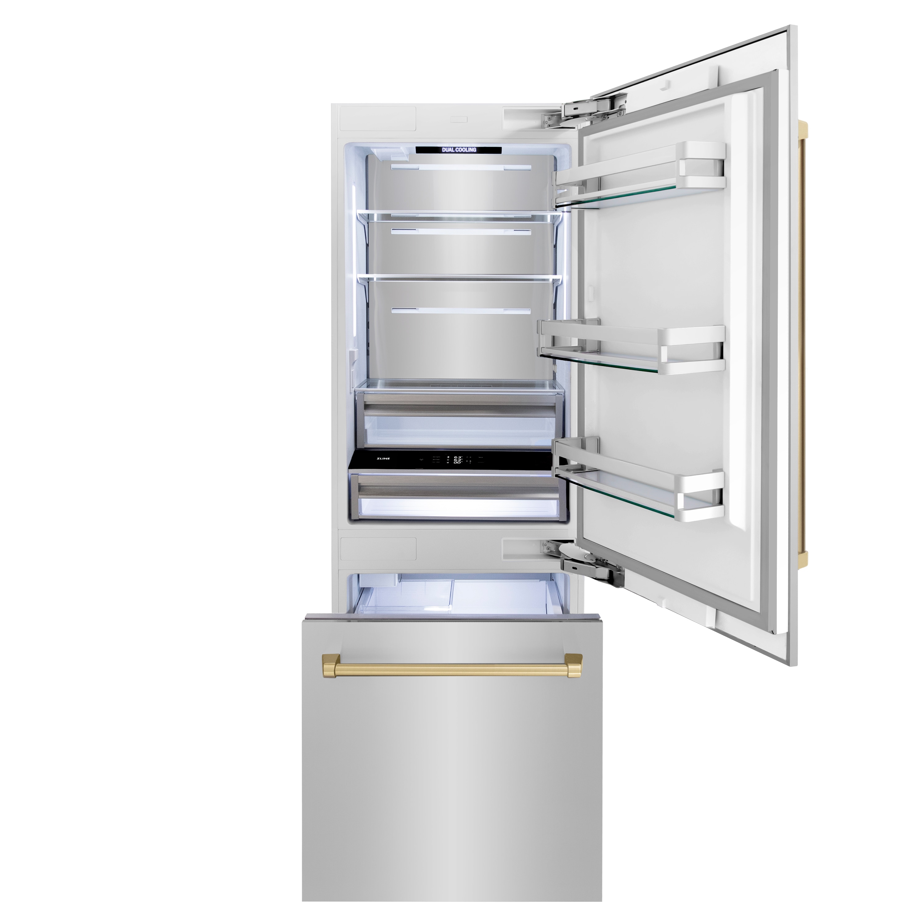 Refrigerador Empotrable de Altura de Mostrador de 16.1 pies cúbicos con Congelador Inferior y Fábrica de Hielo (Acero Inoxidable con Manijas en Bronce Champán) Edición Autógrafa de ZLINE KITCHEN & BATH Certificado ENERGY STAR RBIVZ-304-30-CB