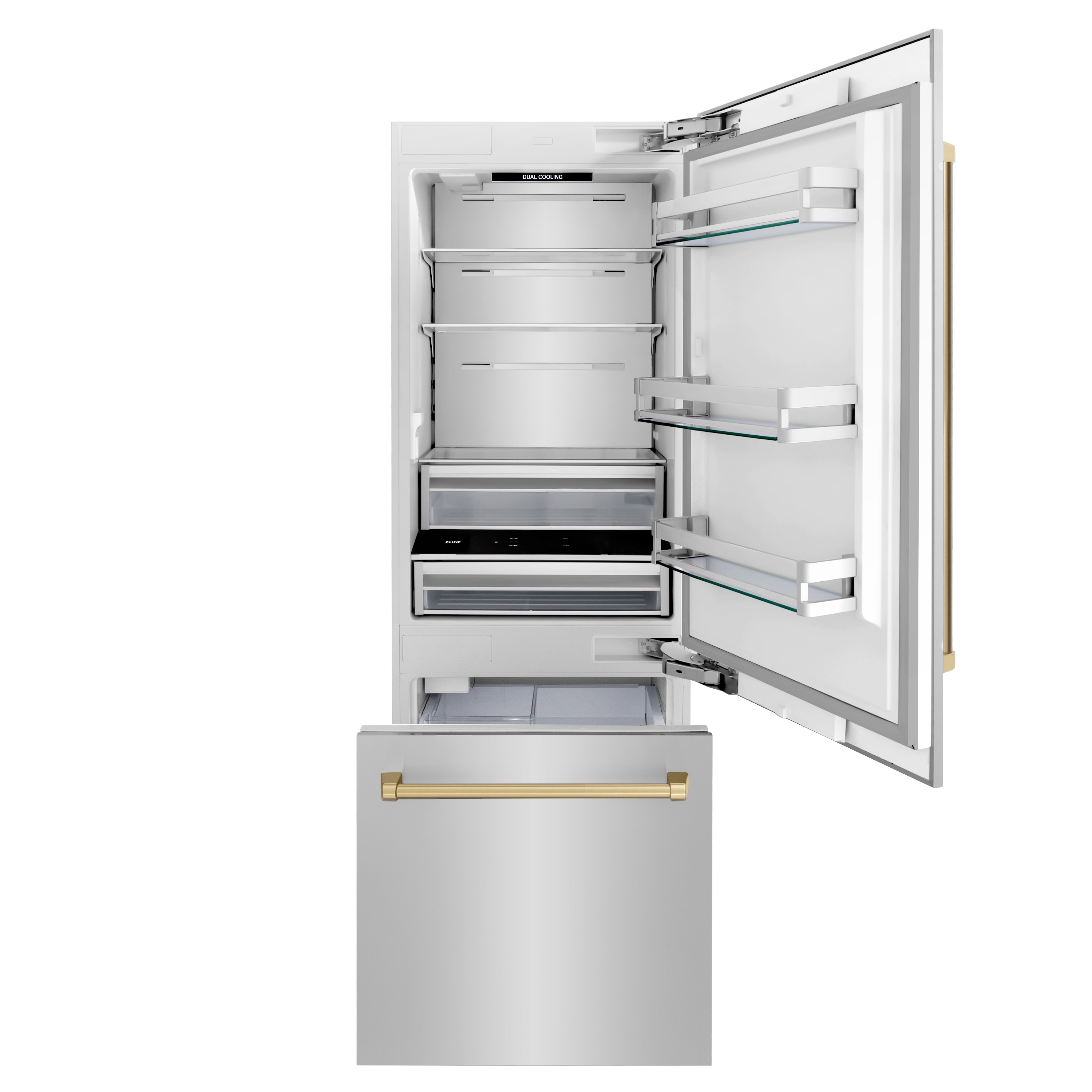 Refrigerador Empotrable de Altura de Mostrador de 16.1 pies cúbicos con Congelador Inferior y Fábrica de Hielo (Acero Inoxidable con Manijas en Bronce Champán) Edición Autógrafa de ZLINE KITCHEN & BATH Certificado ENERGY STAR RBIVZ-304-30-CB