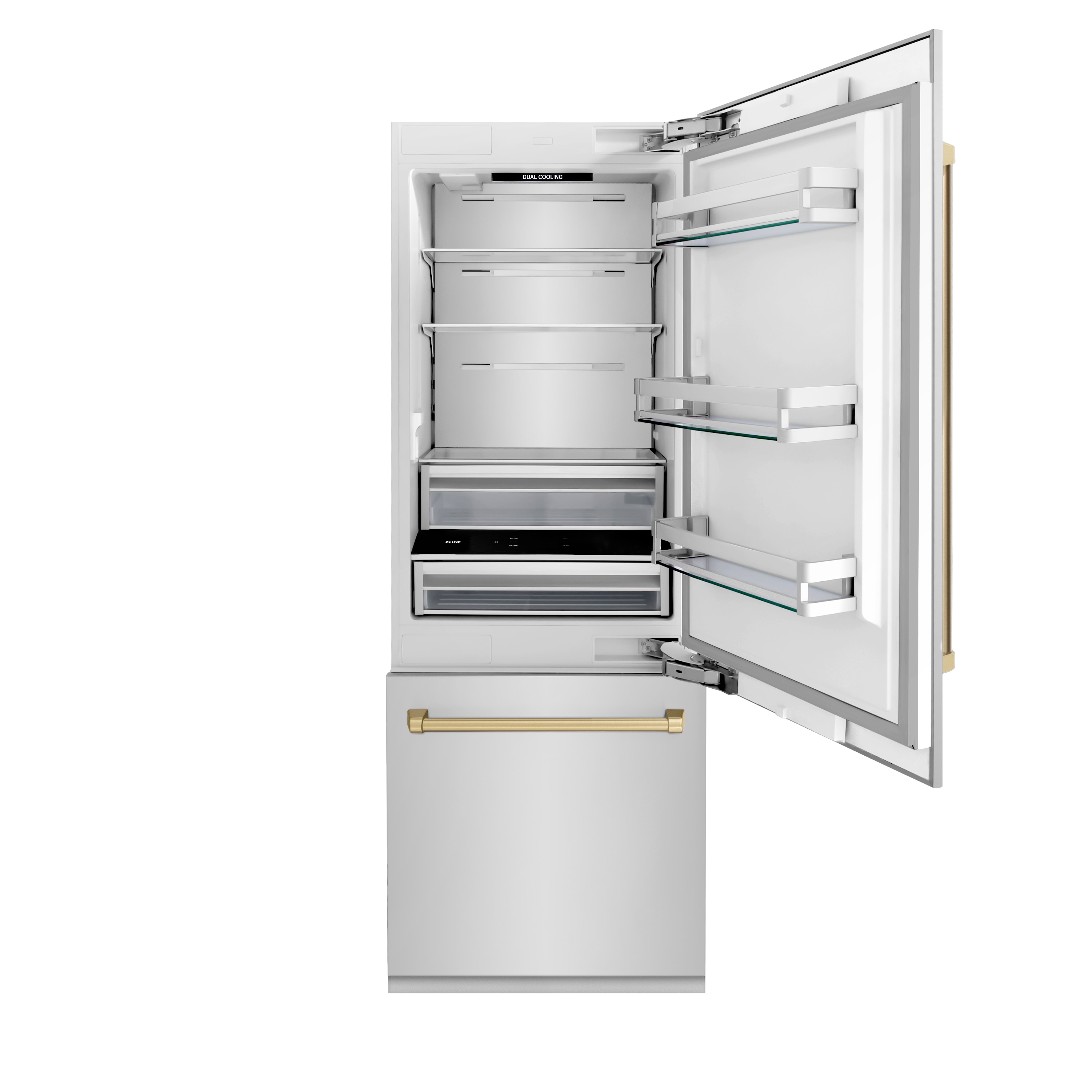 Refrigerador Empotrable de Altura de Mostrador de 16.1 pies cúbicos con Congelador Inferior y Fábrica de Hielo (Acero Inoxidable con Manijas en Bronce Champán) Edición Autógrafa de ZLINE KITCHEN & BATH Certificado ENERGY STAR RBIVZ-304-30-CB