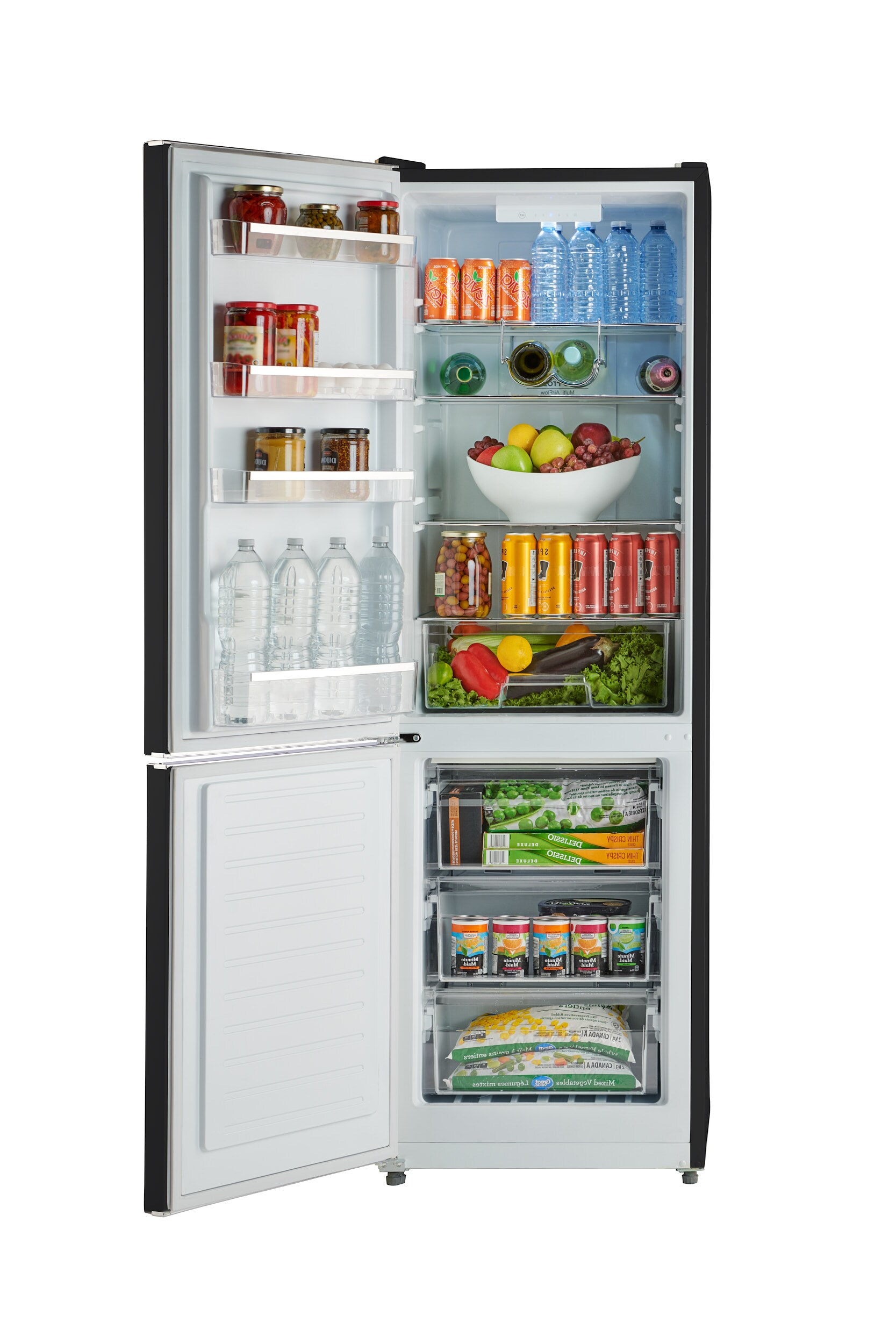 Refrigerador retro-moderno RM1 de 11 pies cúbicos con congelador inferior de profundidad estándar en color negro, certificado ENERGY STAR.