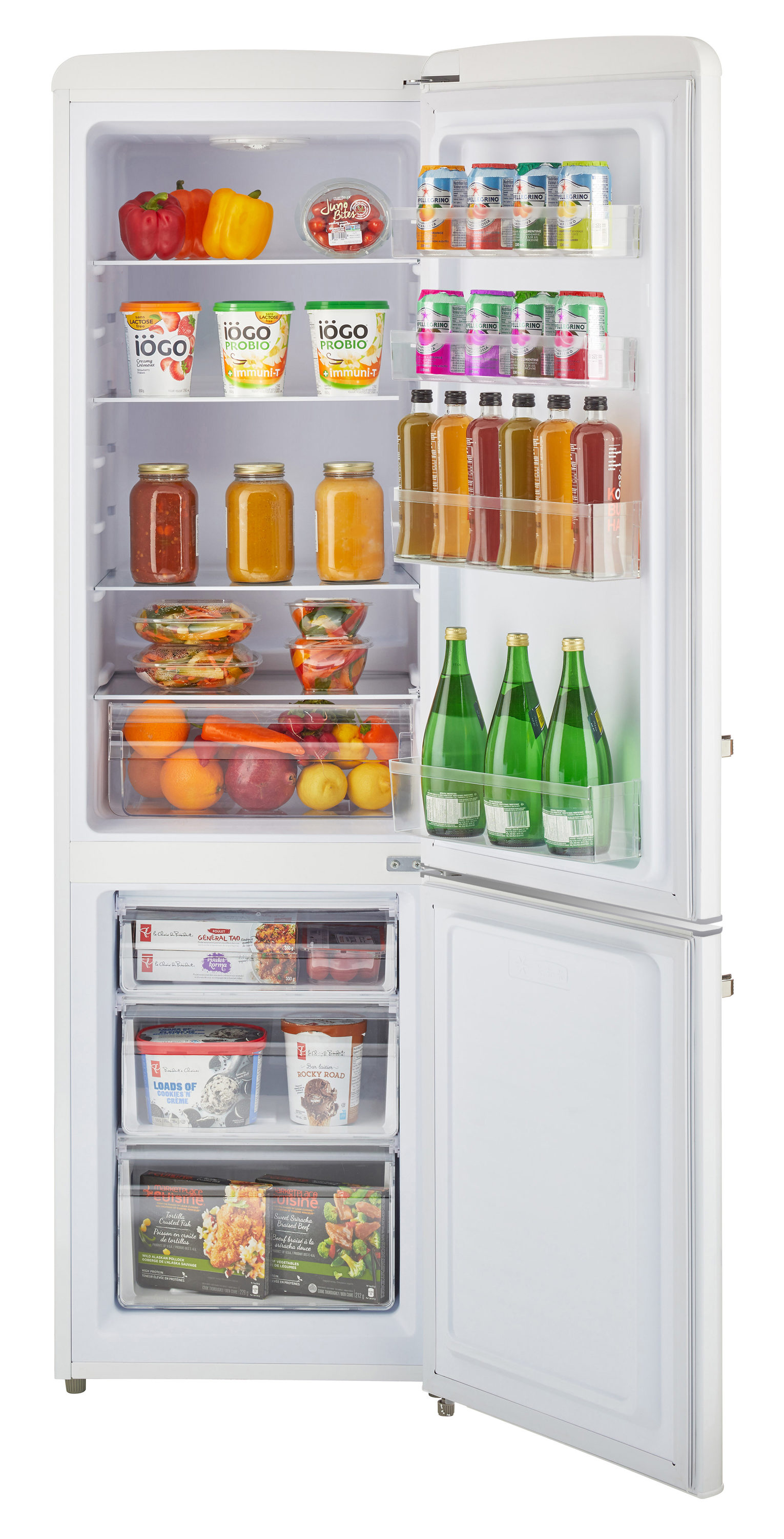 Refrigerador ÚNICO Off-Grid de 10.0 pies cúbicos con congelador inferior de profundidad de mostrador color malvavisco Blanco.