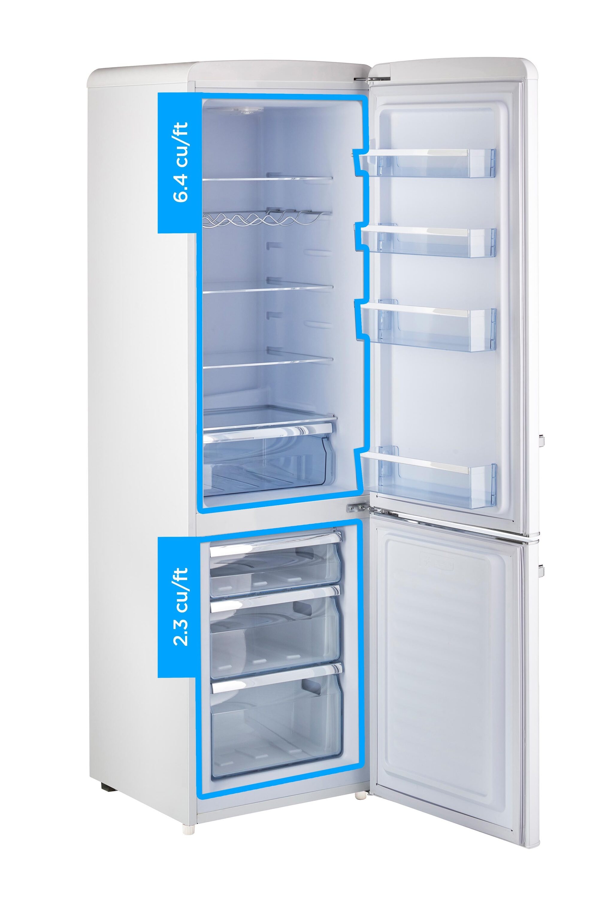Refrigerador ÚNICO Off-Grid de 10.0 pies cúbicos con congelador inferior de profundidad de mostrador color malvavisco Blanco.