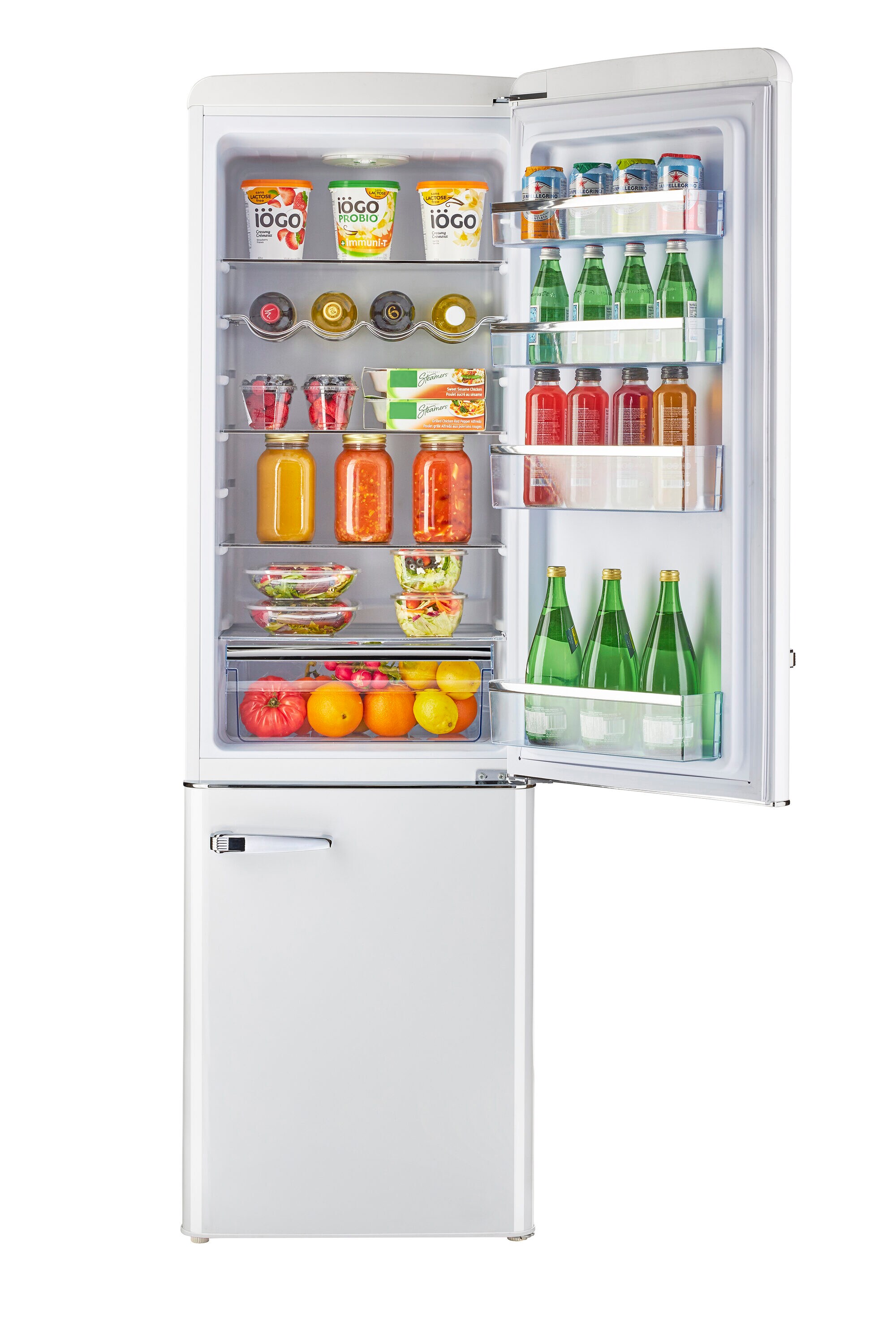 Refrigerador ÚNICO Off-Grid de 10.0 pies cúbicos con congelador inferior de profundidad de mostrador color malvavisco Blanco.