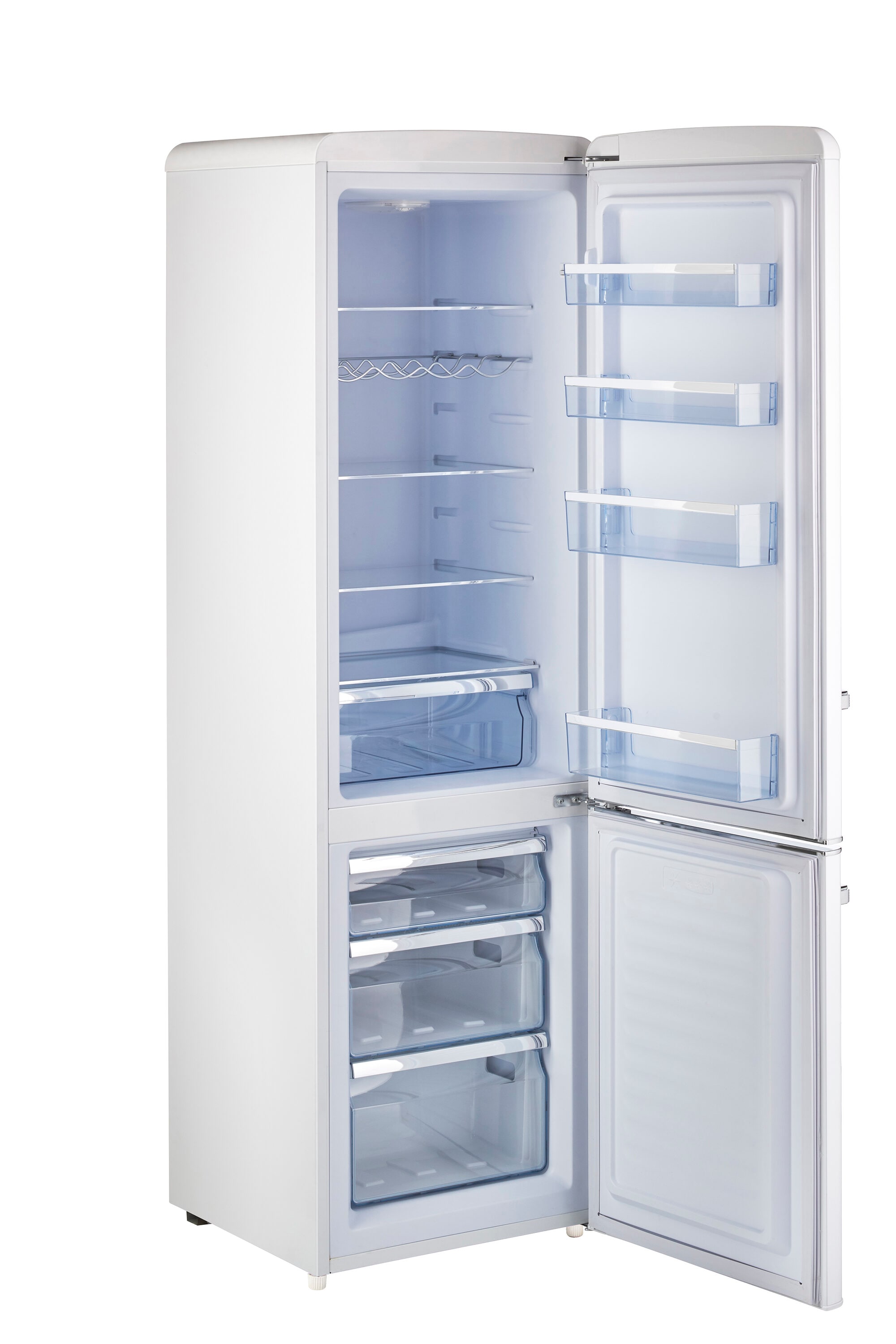 Refrigerador ÚNICO Off-Grid de 10.0 pies cúbicos con congelador inferior de profundidad de mostrador color malvavisco Blanco.
