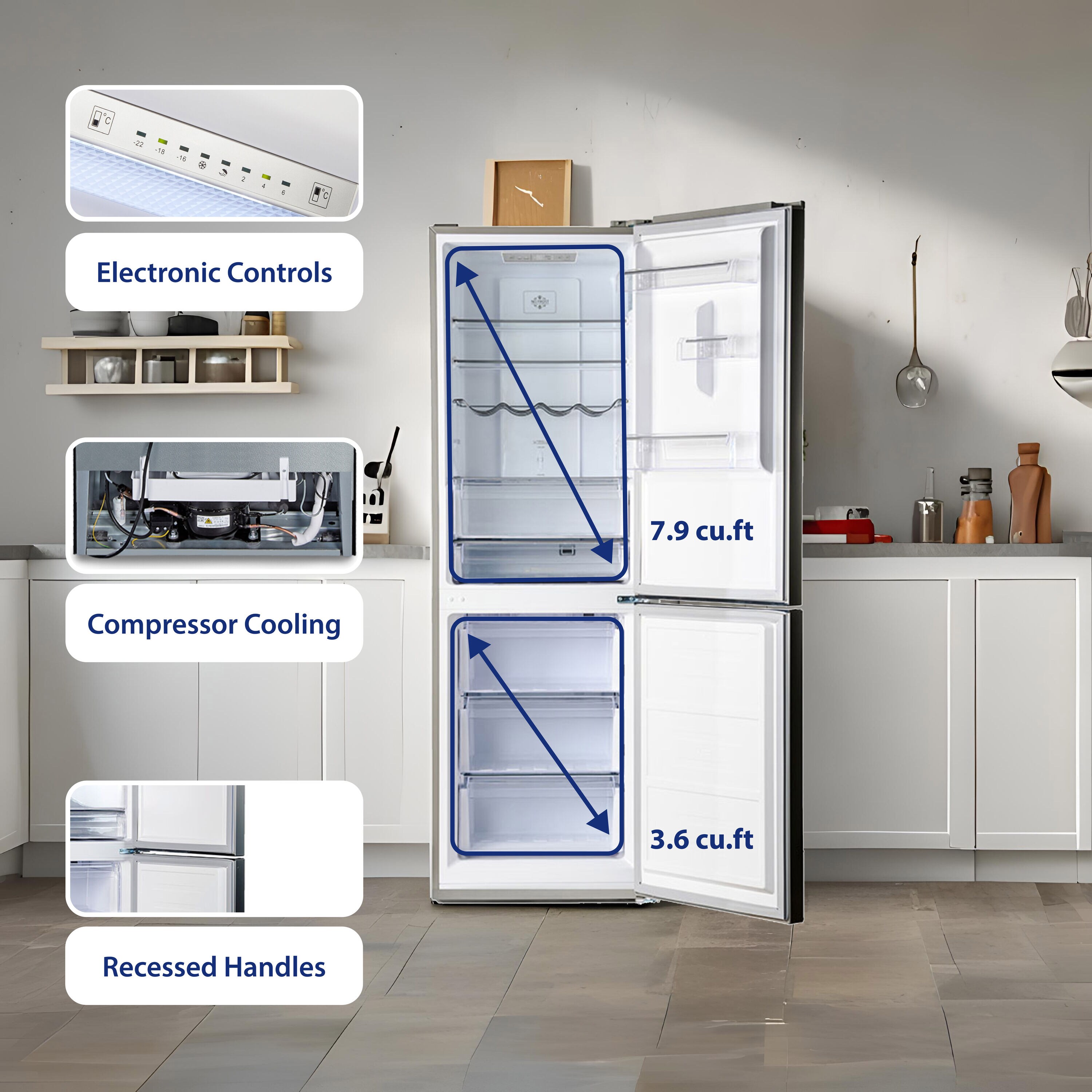 Refrigerador de acero inoxidable con congelador en la parte inferior de 11.50 pies cúbicos de profundidad estándar, certificado ENERGY STAR MDRF376-1150 de Equator Advanced Appliances