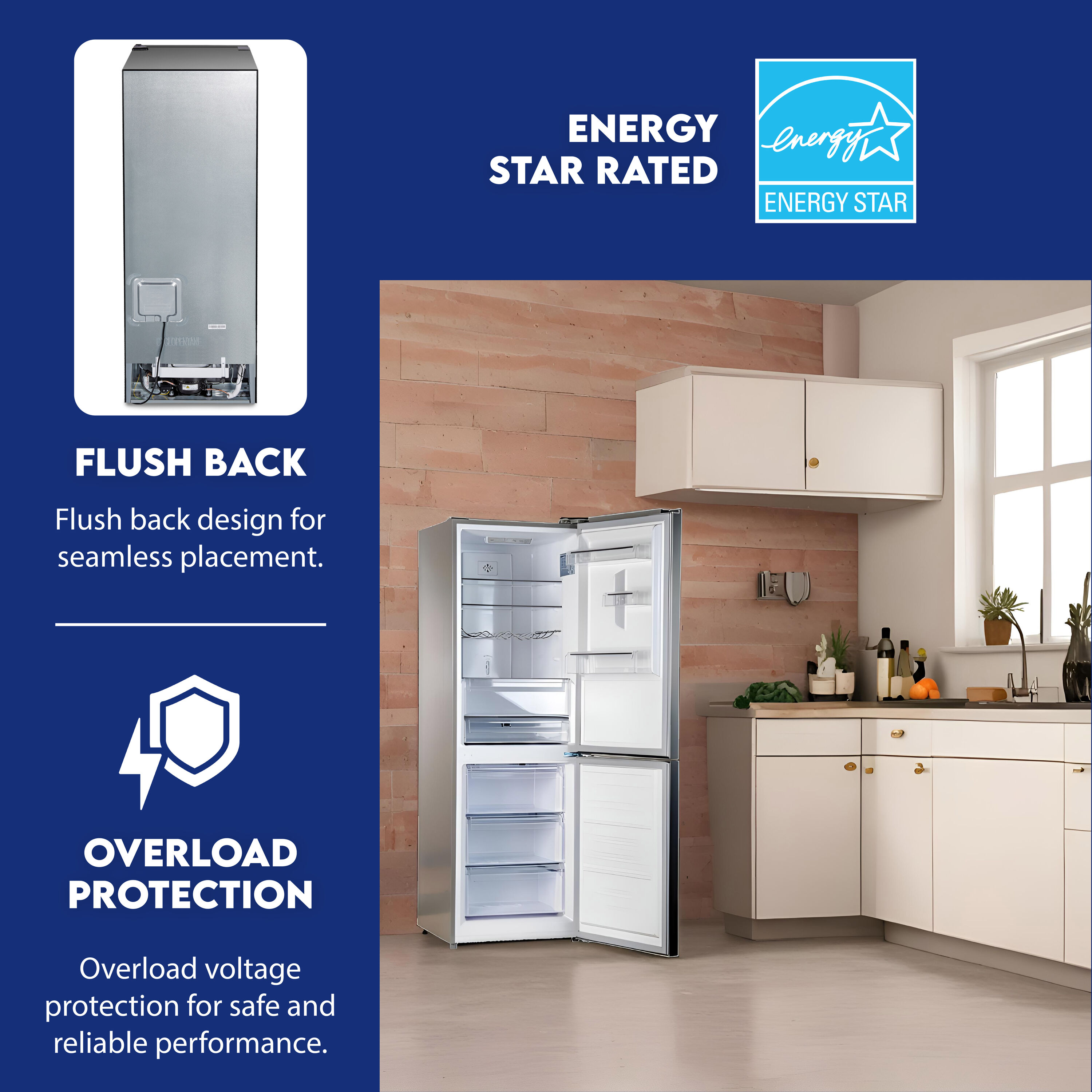 Refrigerador de acero inoxidable con congelador en la parte inferior de 11.50 pies cúbicos de profundidad estándar, certificado ENERGY STAR MDRF376-1150 de Equator Advanced Appliances