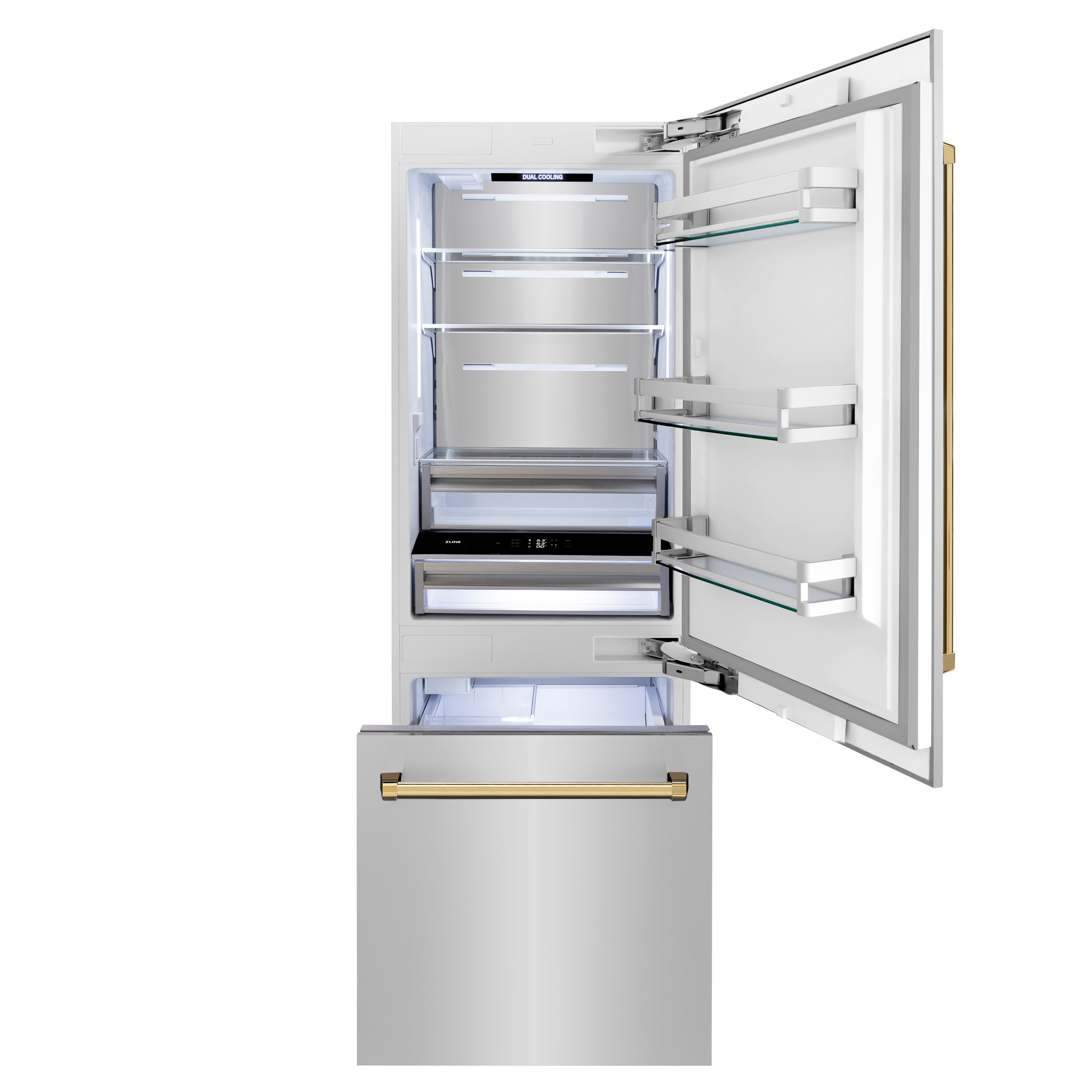 Refrigerador empotrado de fondo con congelador inferior de 16.1 pies cúbicos de la Edición Autógrafa de ZLINE KITCHEN & BATH con fabricador de hielo (acero inoxidable con acabado dorado pulido) certificado por ENERGY STAR RBIVZ-304-30-G