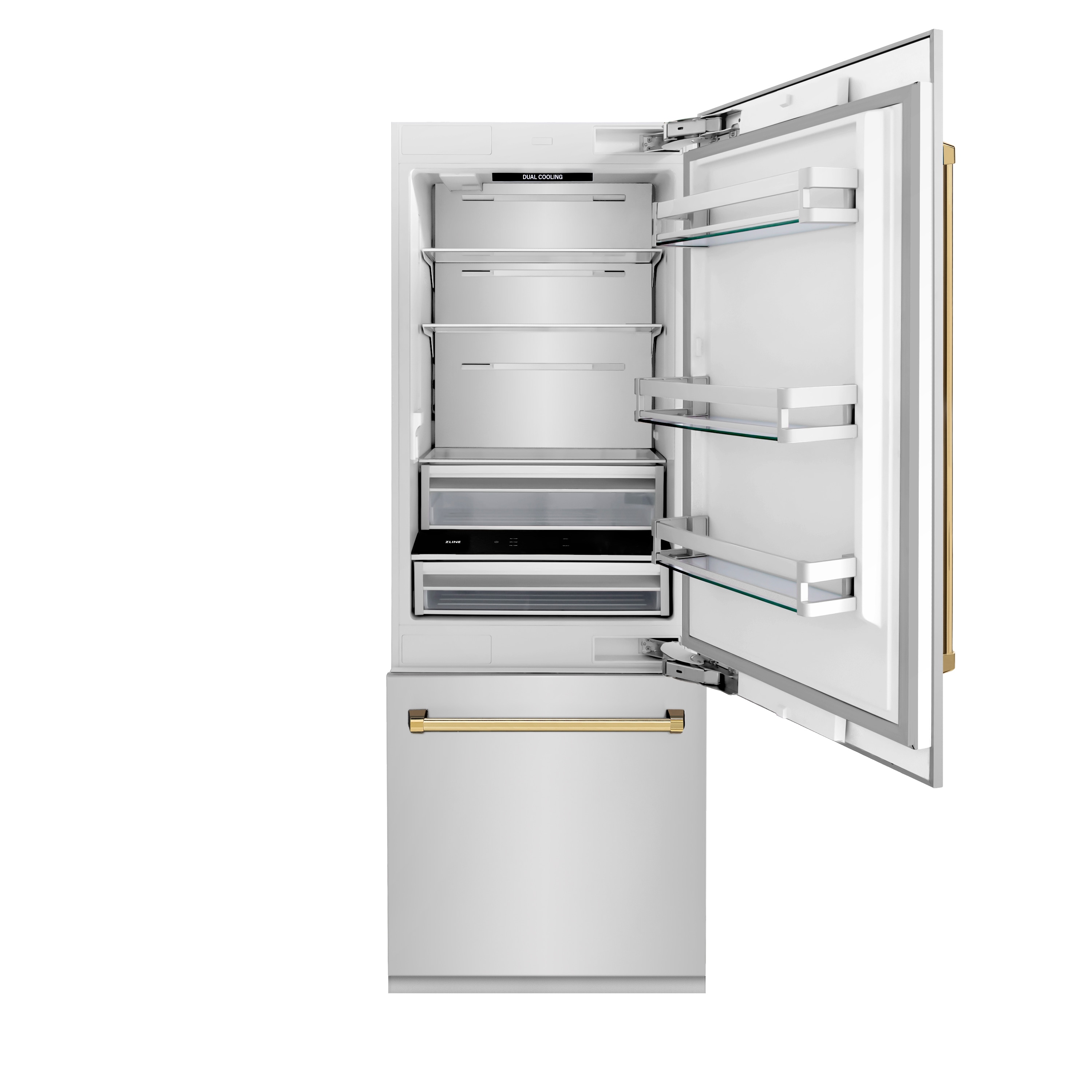Refrigerador empotrado de fondo con congelador inferior de 16.1 pies cúbicos de la Edición Autógrafa de ZLINE KITCHEN & BATH con fabricador de hielo (acero inoxidable con acabado dorado pulido) certificado por ENERGY STAR RBIVZ-304-30-G