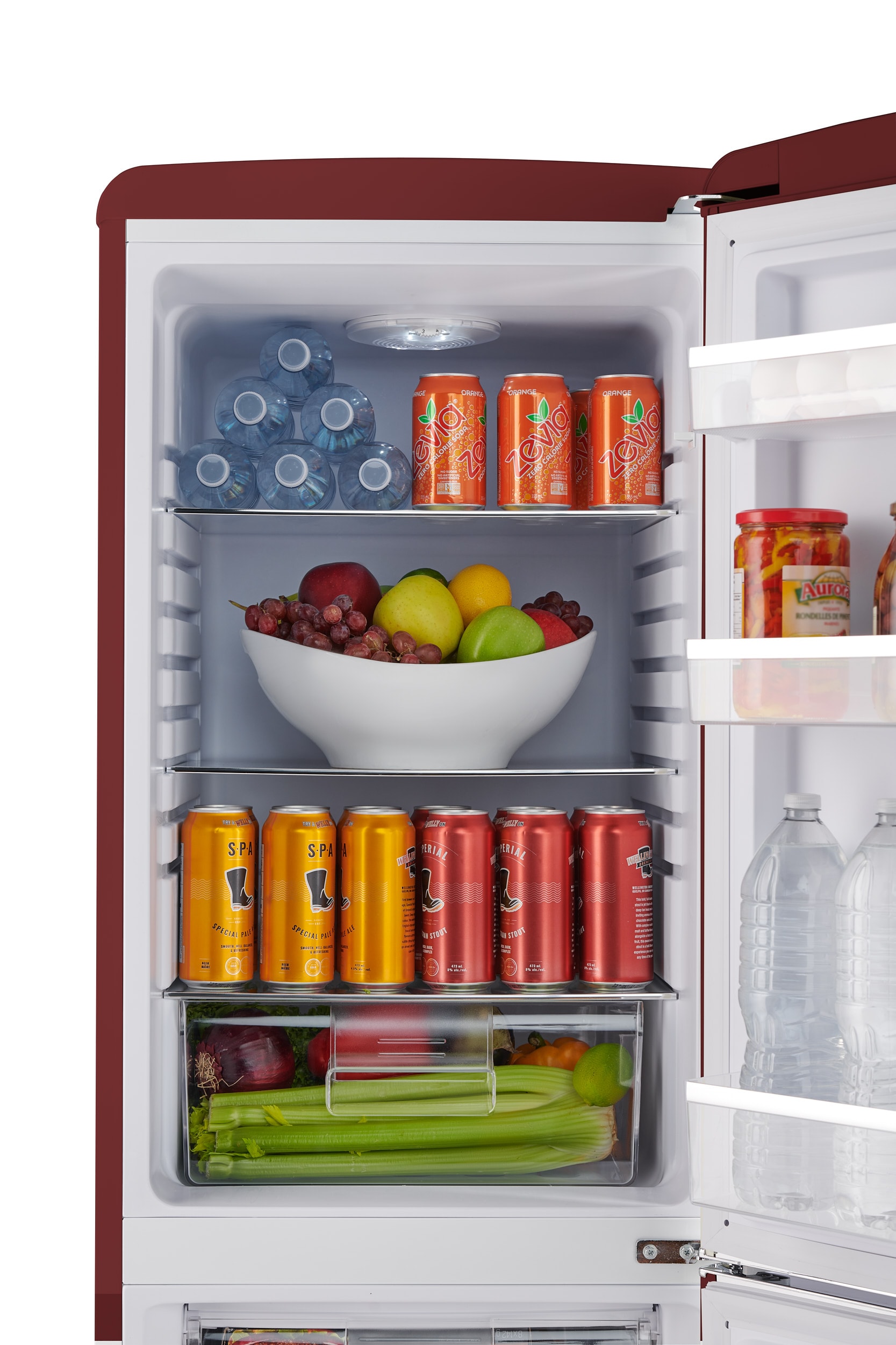 Refrigerador Retro FF1 de 7 pies cúbicos con congelador en la parte inferior de profundidad estándar color vino rojo, certificado ENERGY STAR