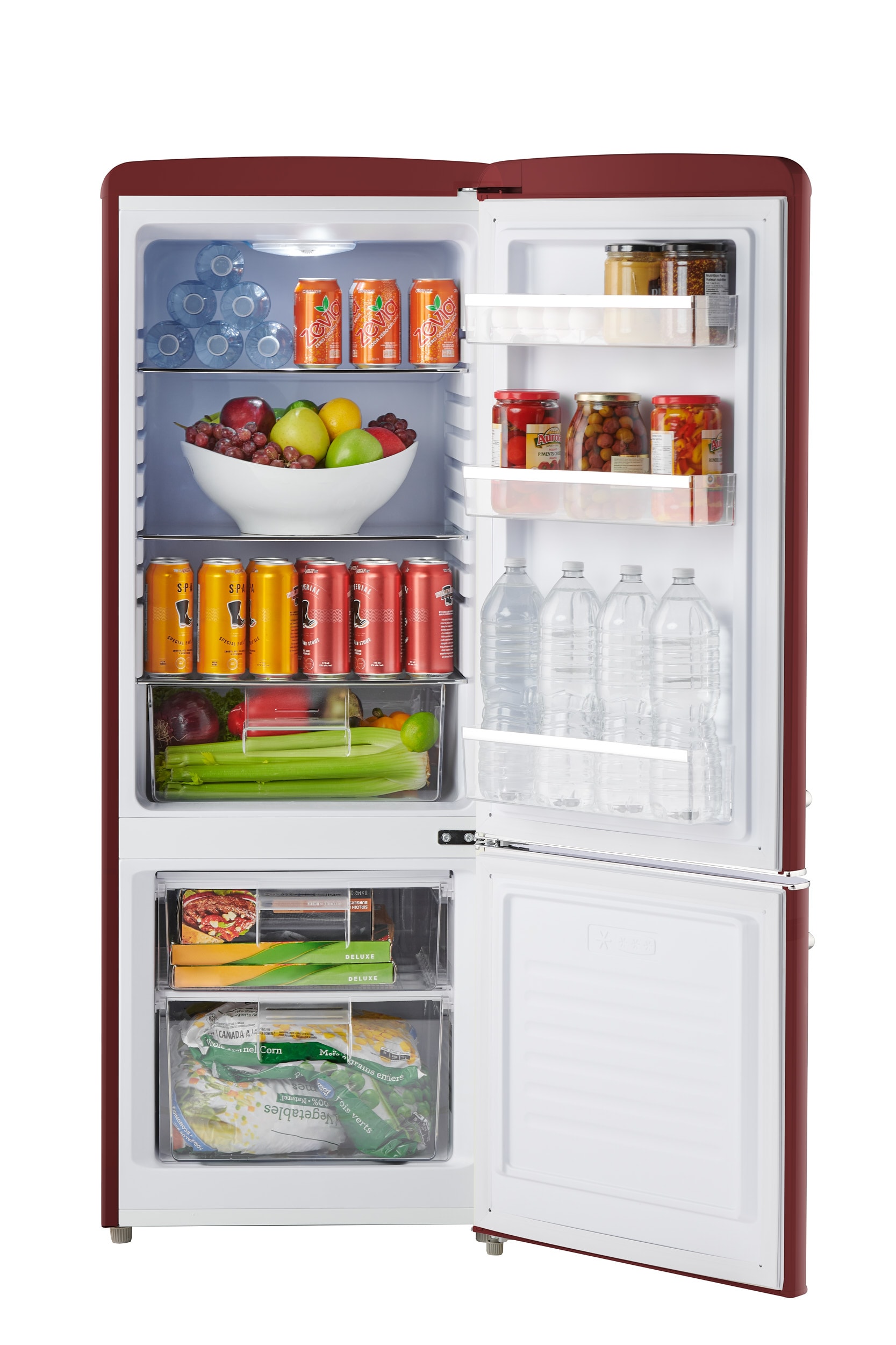 Refrigerador Retro FF1 de 7 pies cúbicos con congelador en la parte inferior de profundidad estándar color vino rojo, certificado ENERGY STAR