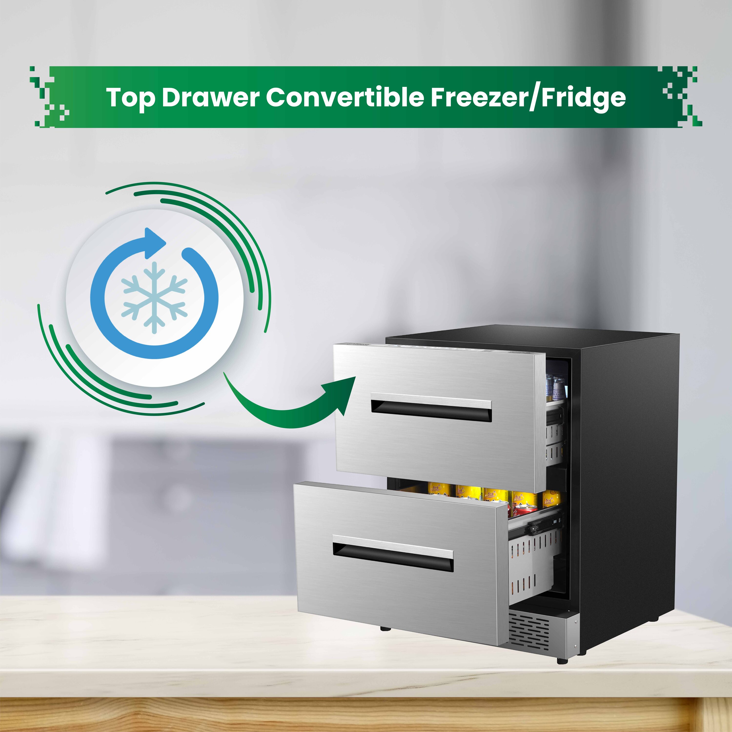 Refrigerador de cajón empotrable/autónomo de 24 pulgadas con 2 cajones, acero inoxidable