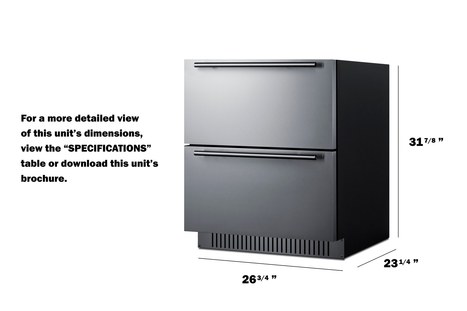 Refrigerador de 27 pulgadas con 2 cajones, empotrable o independiente (con frente de acero inoxidable listo para panel y gabinete negro) Summit SPR275OS2DADA