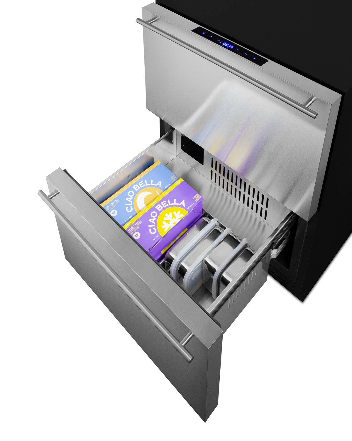 Refrigerador empotrable o independiente de 24 pulgadas con 2 cajones (frontal de acero inoxidable listo para panel/negro) ADRF244 de Summit Appliance
