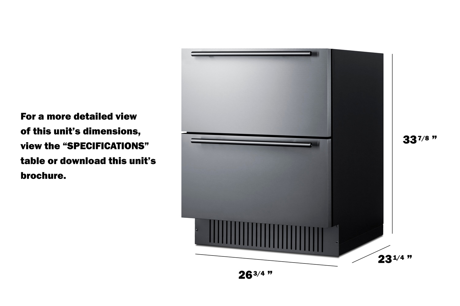 Refrigerador de Cajón Empotrable/Independiente de 27 pulgadas con 2 cajones de Summit Appliance (frente de acero inoxidable listo para panel/negro) SPR275OS2D