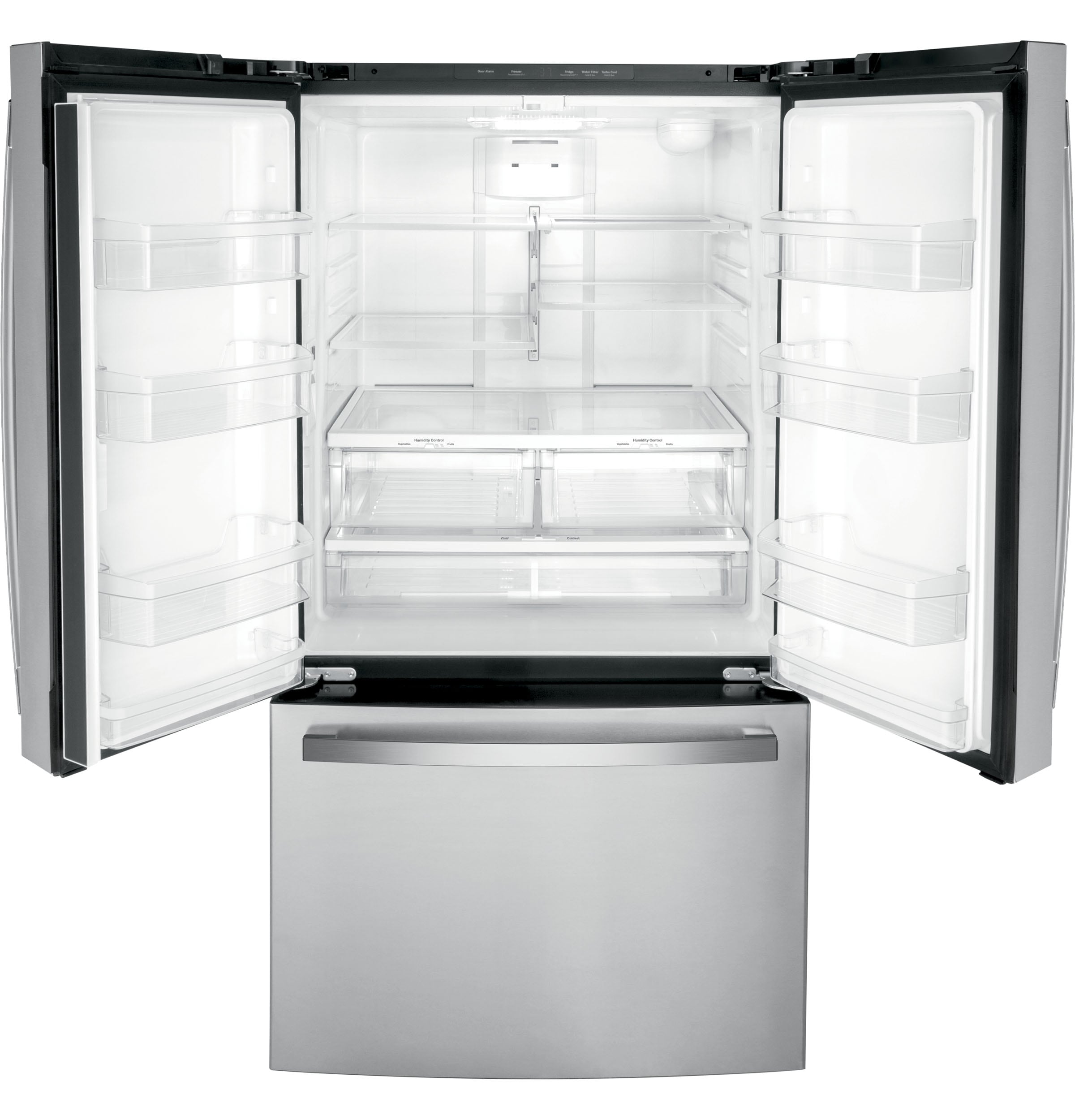 Refrigerador Francés de 3 puertas estándar de 27 pies cúbicos con fabricador de hielo y dispensador de agua (Acero inoxidable) Certified ENERGY STAR de GE