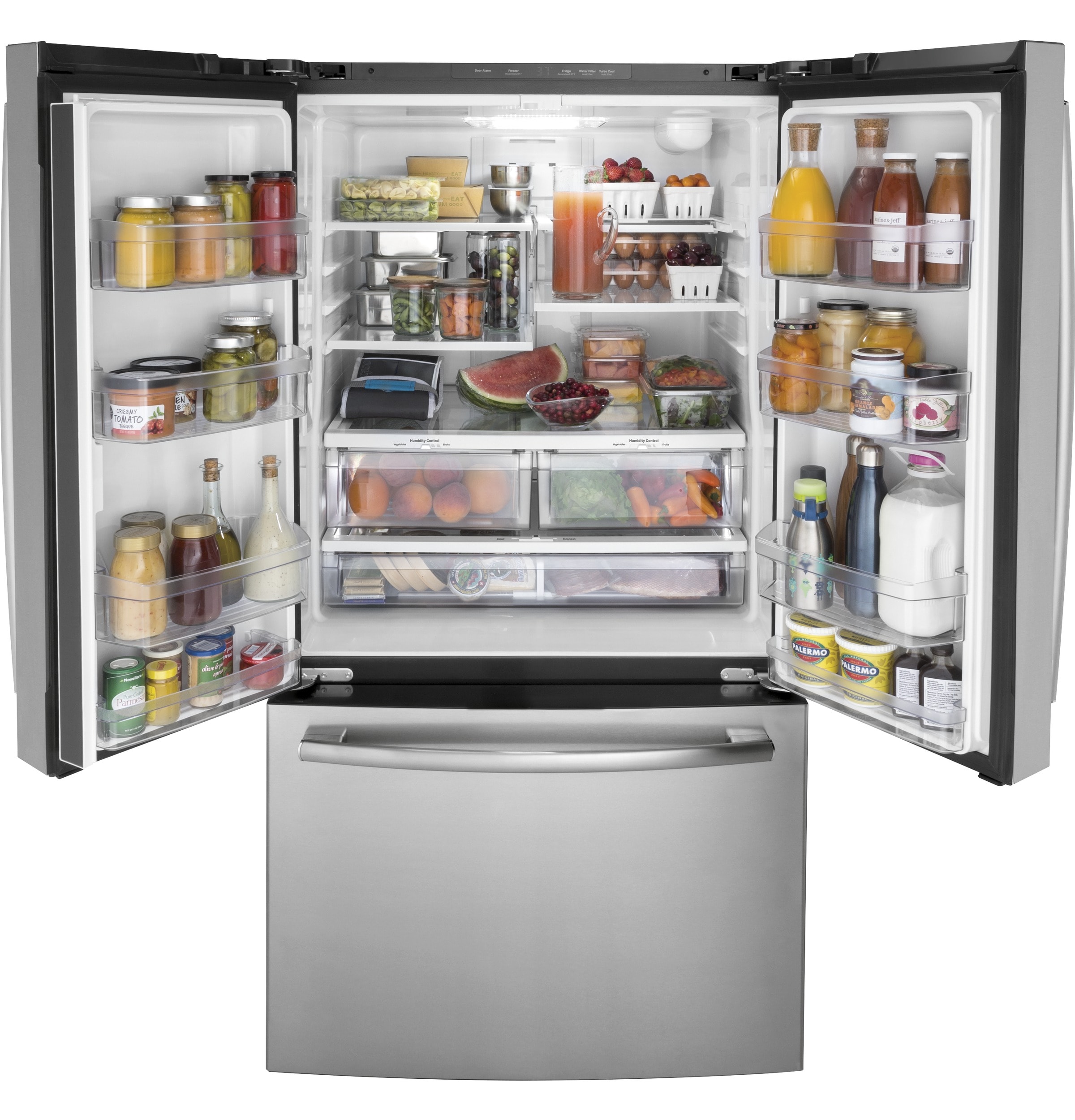 Refrigerador Francés de 3 puertas estándar de 27 pies cúbicos con fabricador de hielo y dispensador de agua (Acero inoxidable) Certified ENERGY STAR de GE