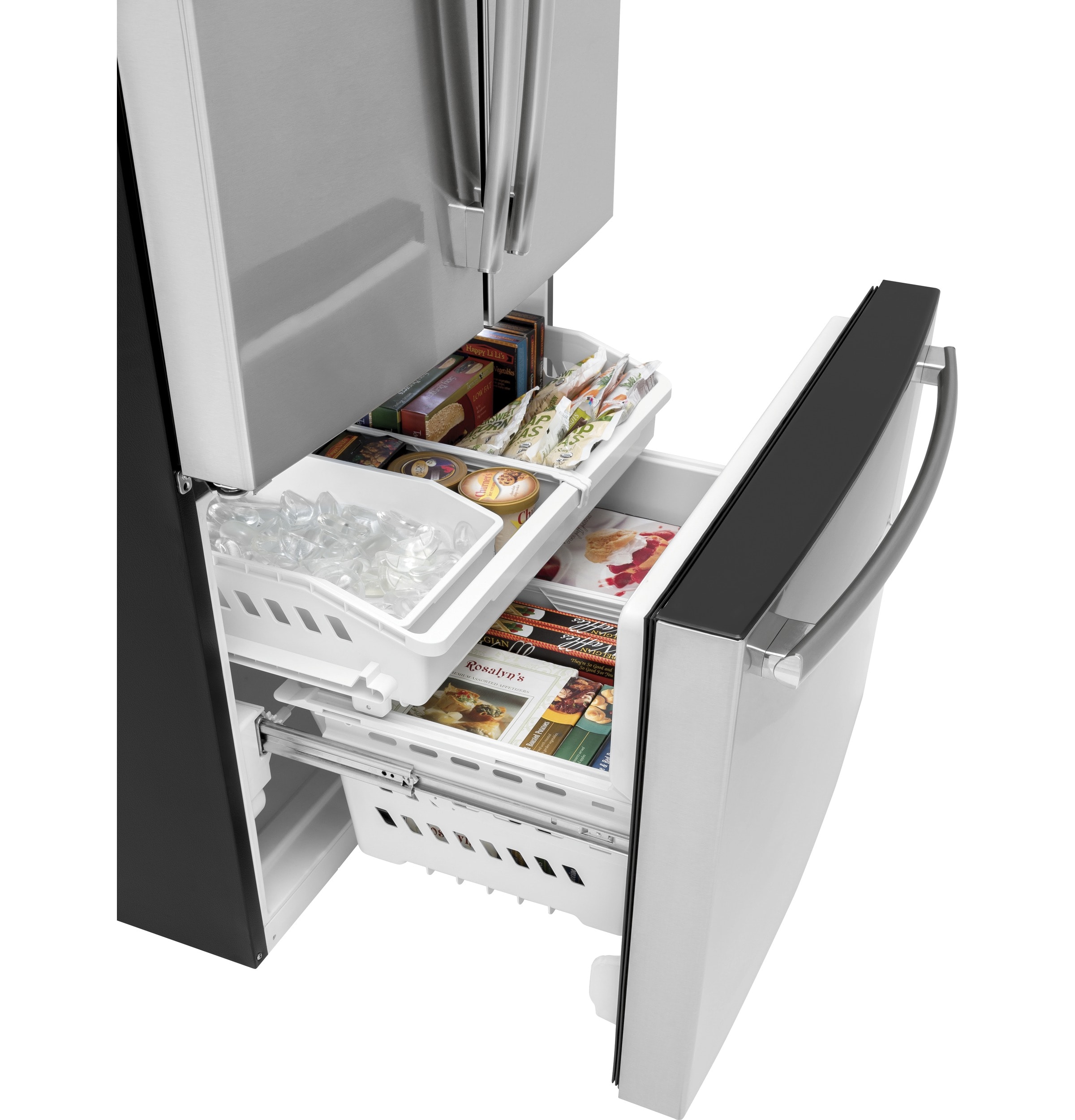 Refrigerador Francés de 3 puertas estándar de 27 pies cúbicos con fabricador de hielo y dispensador de agua (Acero inoxidable) Certified ENERGY STAR de GE