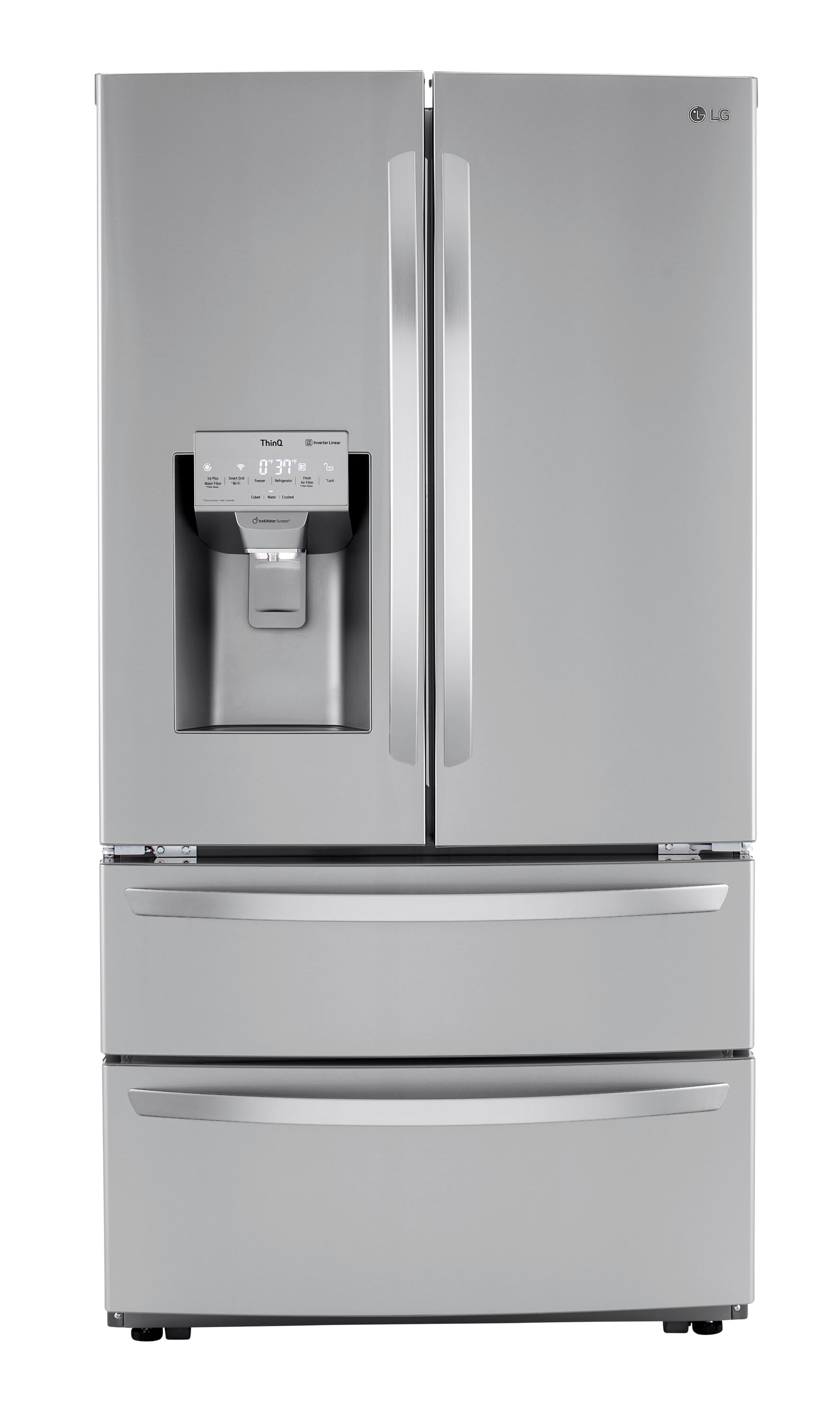 Refrigerador francés de 4 puertas con fabricador doble de hielo y dispensador de agua y hielo - LG con tecnología WiFi inteligente y hielo artesanal de profundidad estándar de 27.8 pies cúbicos con certificación ENERGY STAR (Acero inoxidable a prueba de manchas PrintProof) LRMXS2806S