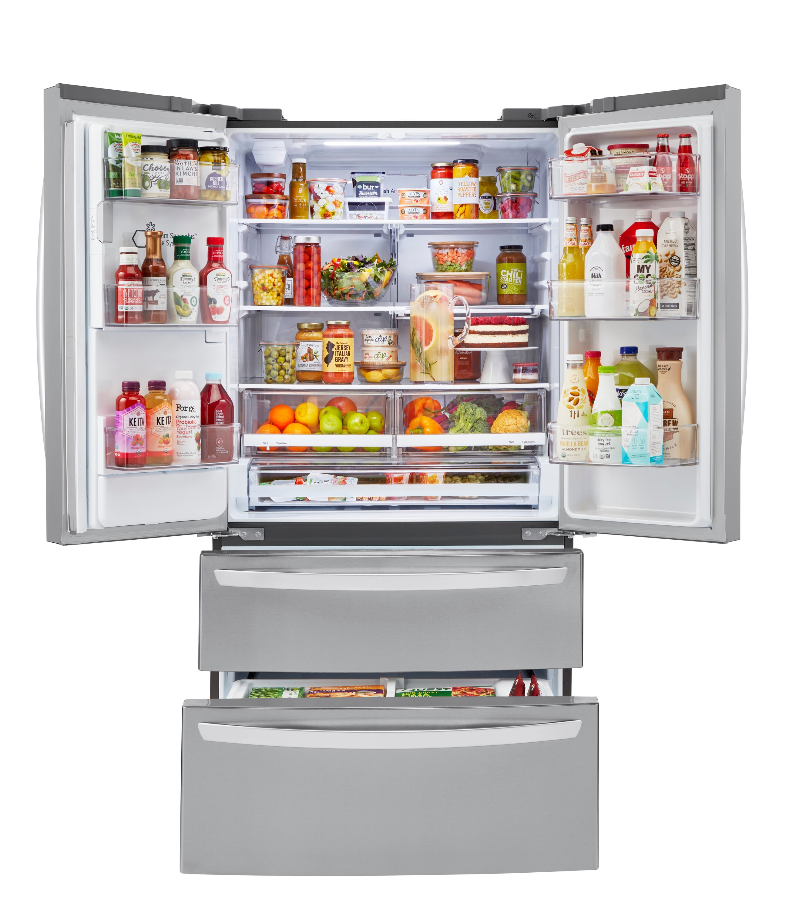 Refrigerador francés de 4 puertas con fabricador doble de hielo y dispensador de agua y hielo - LG con tecnología WiFi inteligente y hielo artesanal de profundidad estándar de 27.8 pies cúbicos con certificación ENERGY STAR (Acero inoxidable a prueba de manchas PrintProof) LRMXS2806S