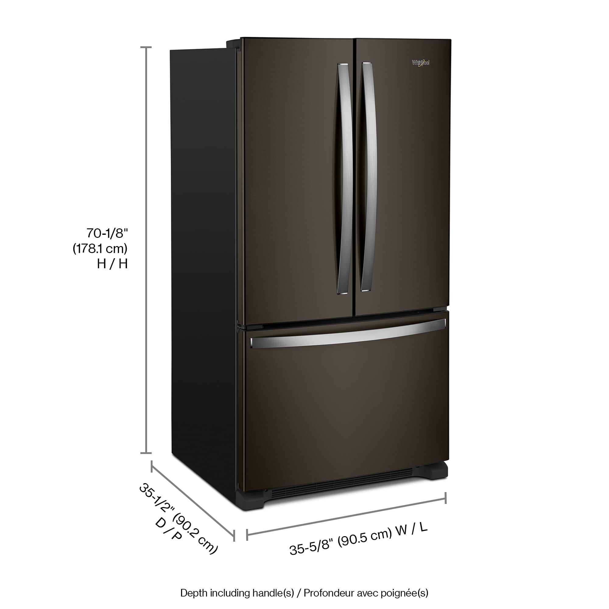 Refrigerador de Puertas Francesas de 3 Puertas con Hielera - Acero Inoxidable Negro Resistente a Huellas - Certificado ENERGY STAR - Whirlpool estándar de 25.2 pies cúbicos de profundidad