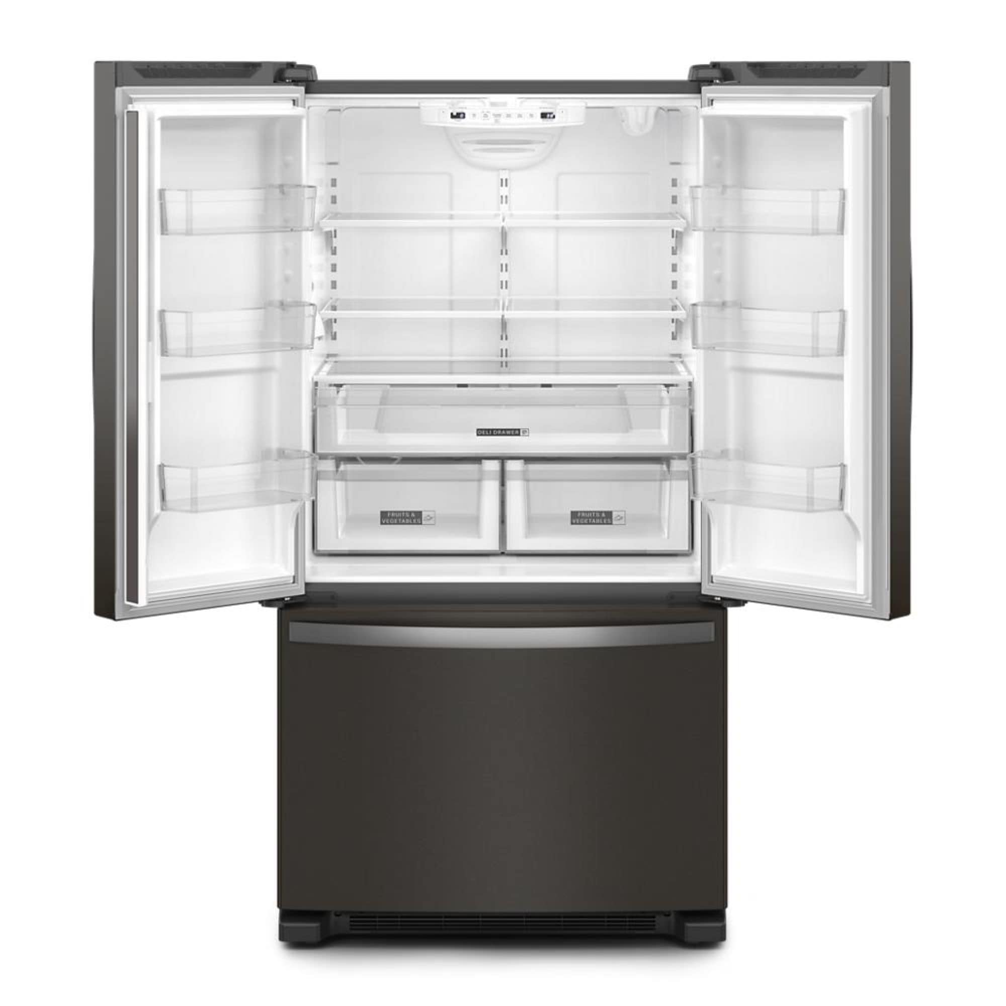 Refrigerador de Puertas Francesas de 3 Puertas con Hielera - Acero Inoxidable Negro Resistente a Huellas - Certificado ENERGY STAR - Whirlpool estándar de 25.2 pies cúbicos de profundidad