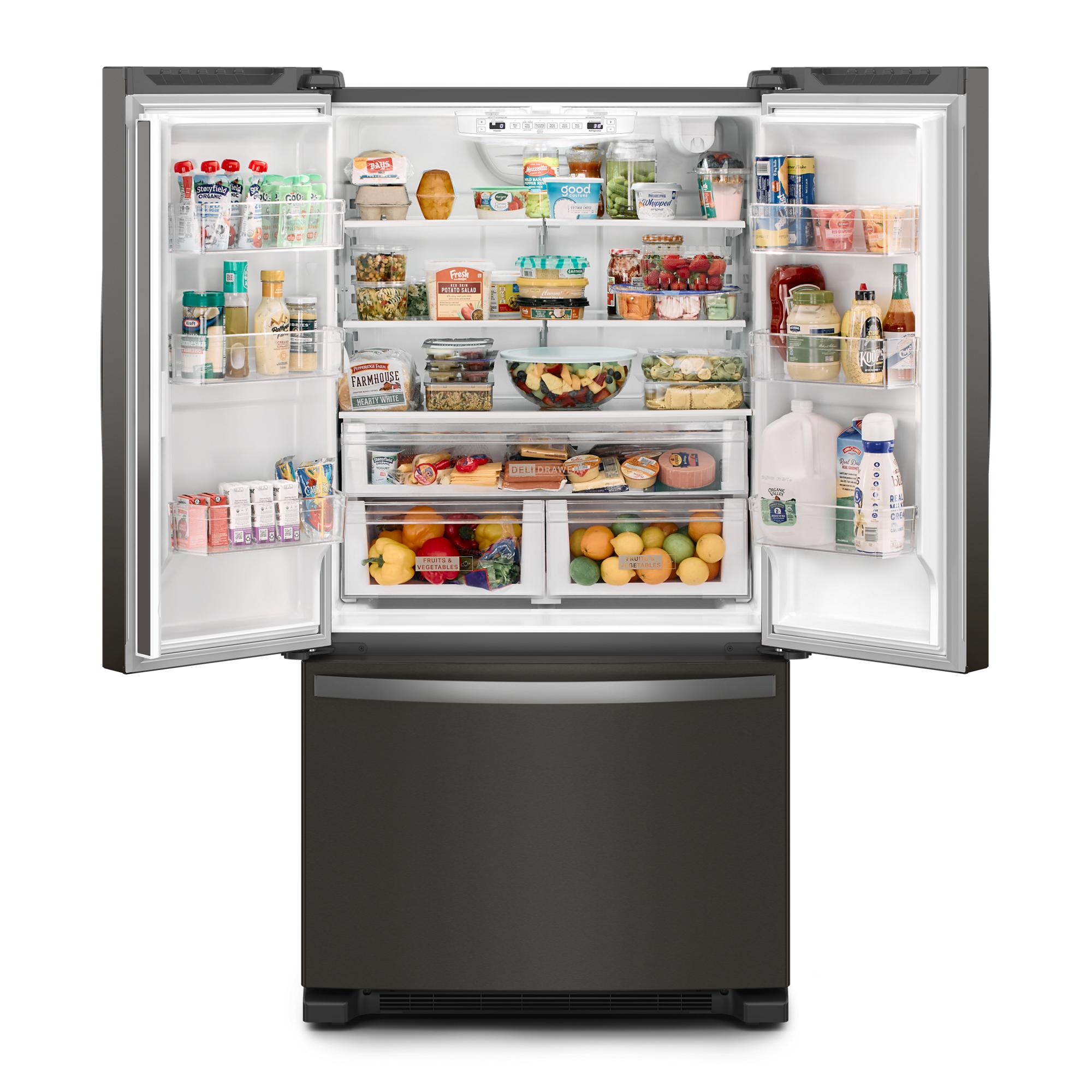 Refrigerador de Puertas Francesas de 3 Puertas con Hielera - Acero Inoxidable Negro Resistente a Huellas - Certificado ENERGY STAR - Whirlpool estándar de 25.2 pies cúbicos de profundidad