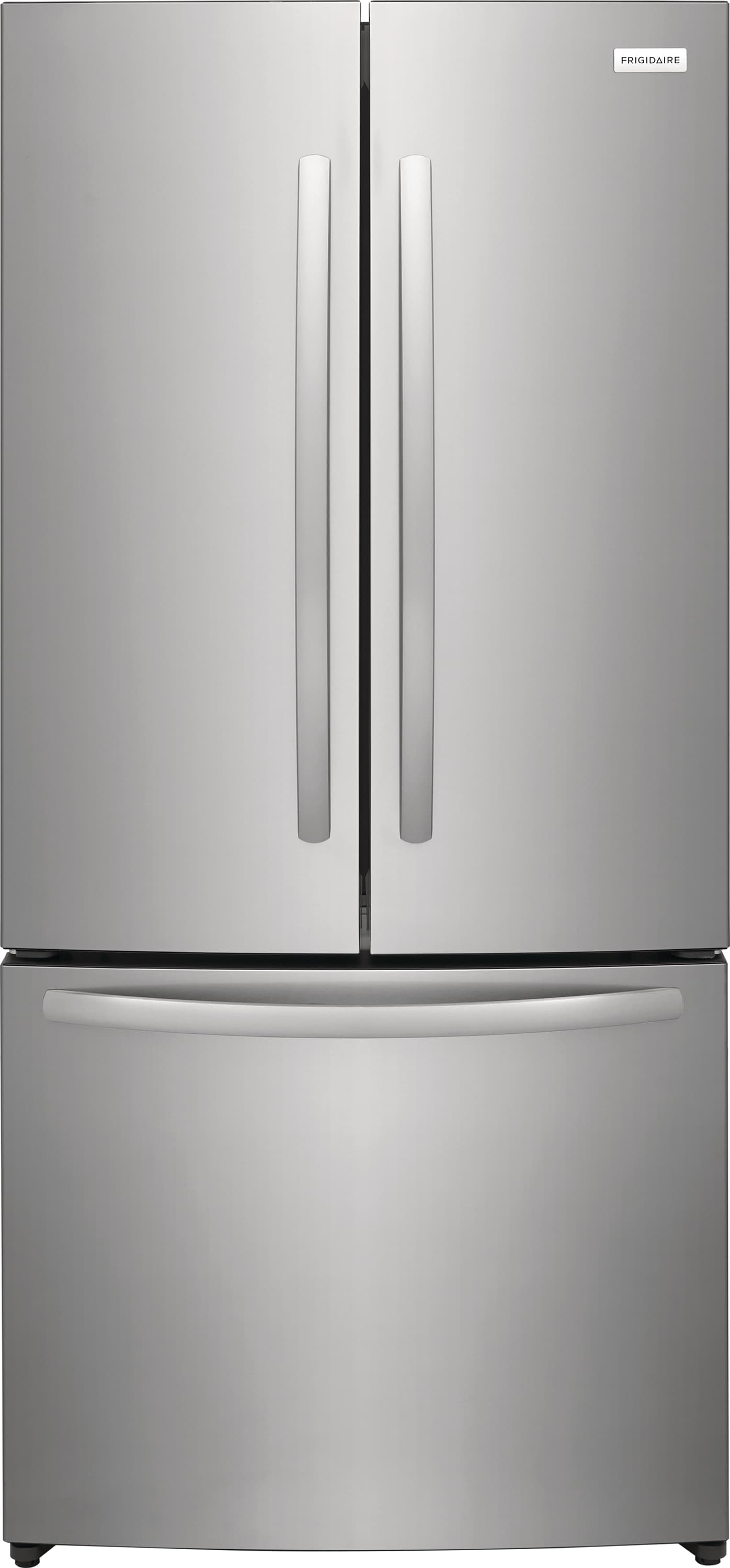 Refrigerador de puertas francesas de 3 puertas con fábrica de hielo y acabado en acero inoxidable resistente a las huellas dactilares, certificado ENERGY STAR y 17.6 pies cúbicos de profundidad de mostrador Frigidaire FRFG1723AV.