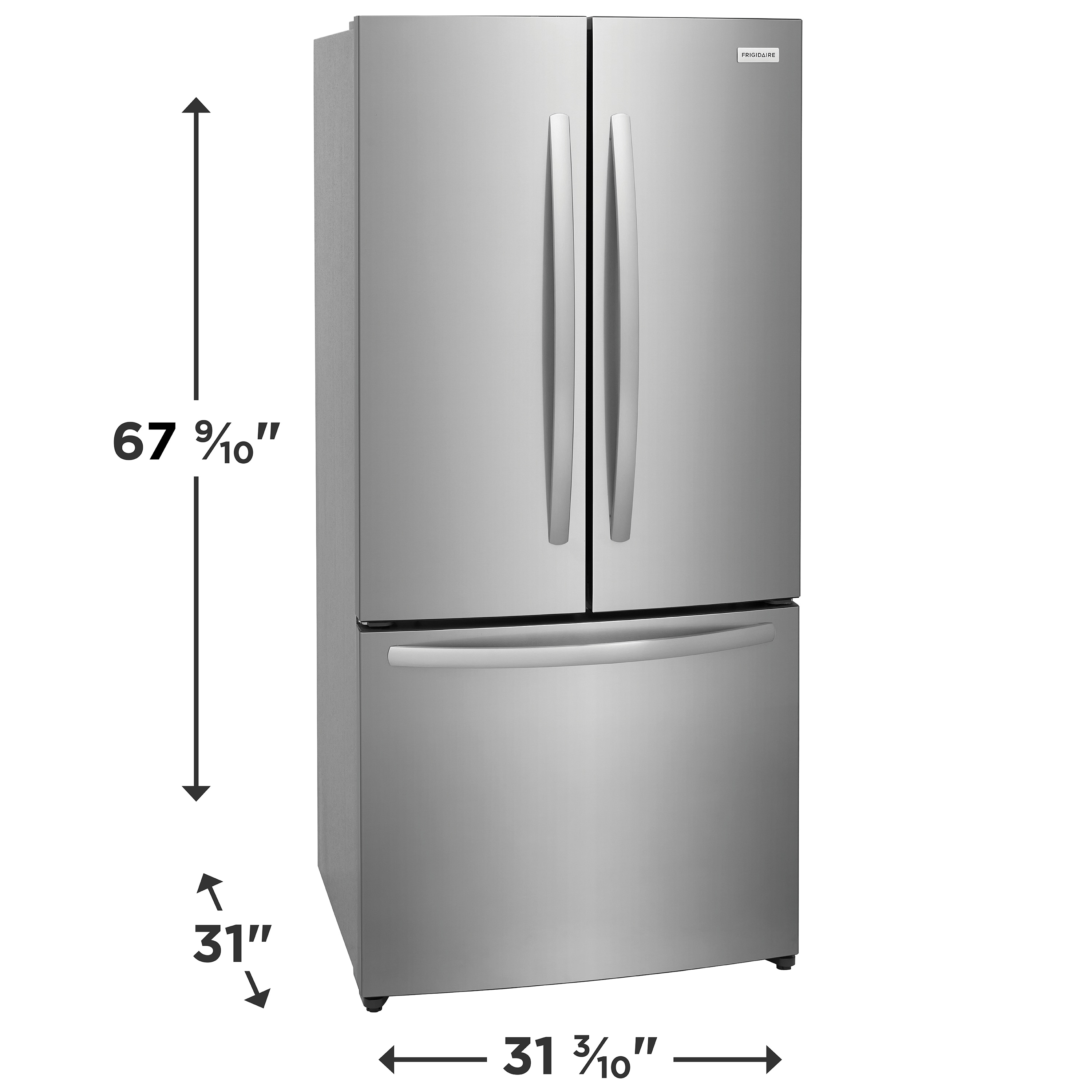 Refrigerador de puertas francesas de 3 puertas con fábrica de hielo y acabado en acero inoxidable resistente a las huellas dactilares, certificado ENERGY STAR y 17.6 pies cúbicos de profundidad de mostrador Frigidaire FRFG1723AV.