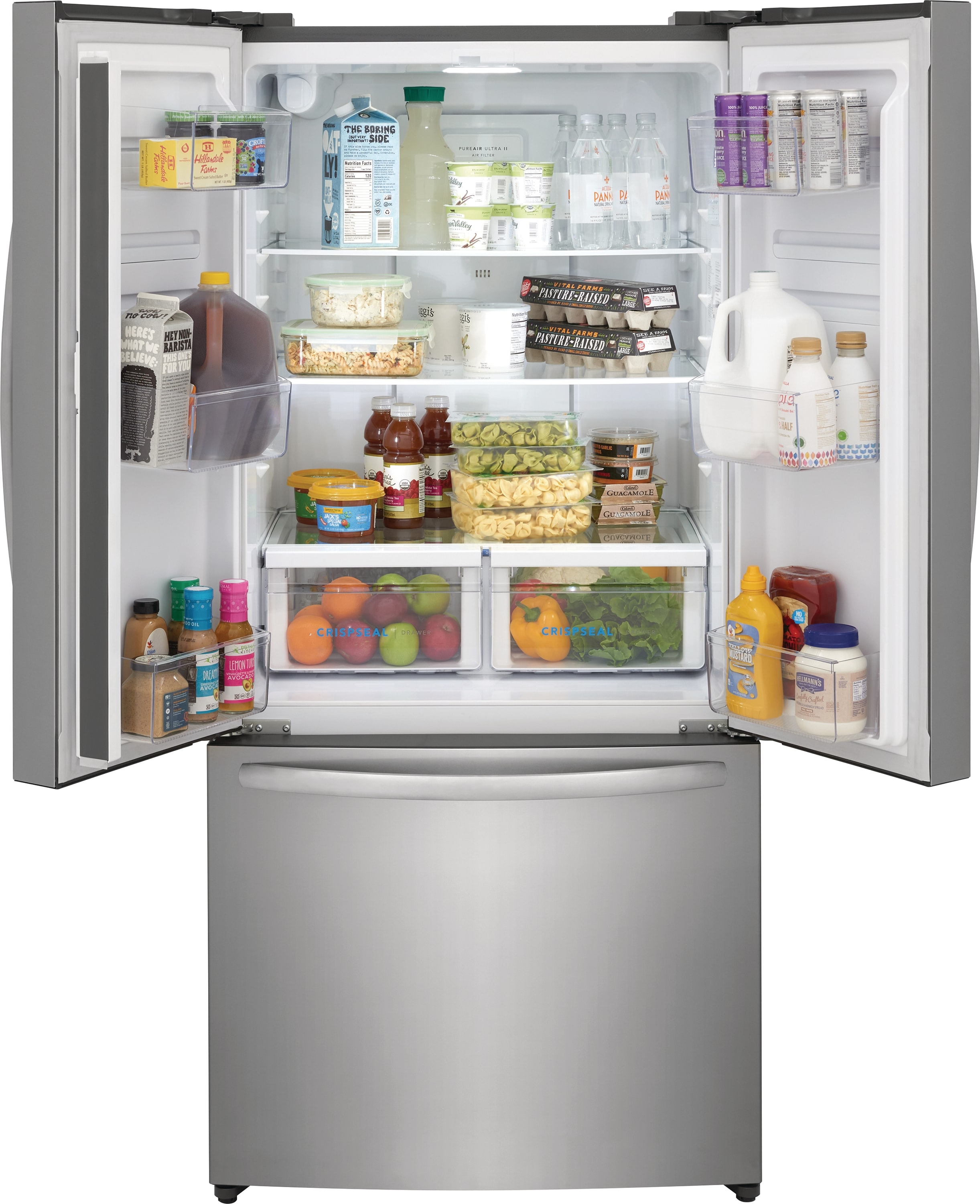 Refrigerador de puertas francesas de 3 puertas con fábrica de hielo y acabado en acero inoxidable resistente a las huellas dactilares, certificado ENERGY STAR y 17.6 pies cúbicos de profundidad de mostrador Frigidaire FRFG1723AV.