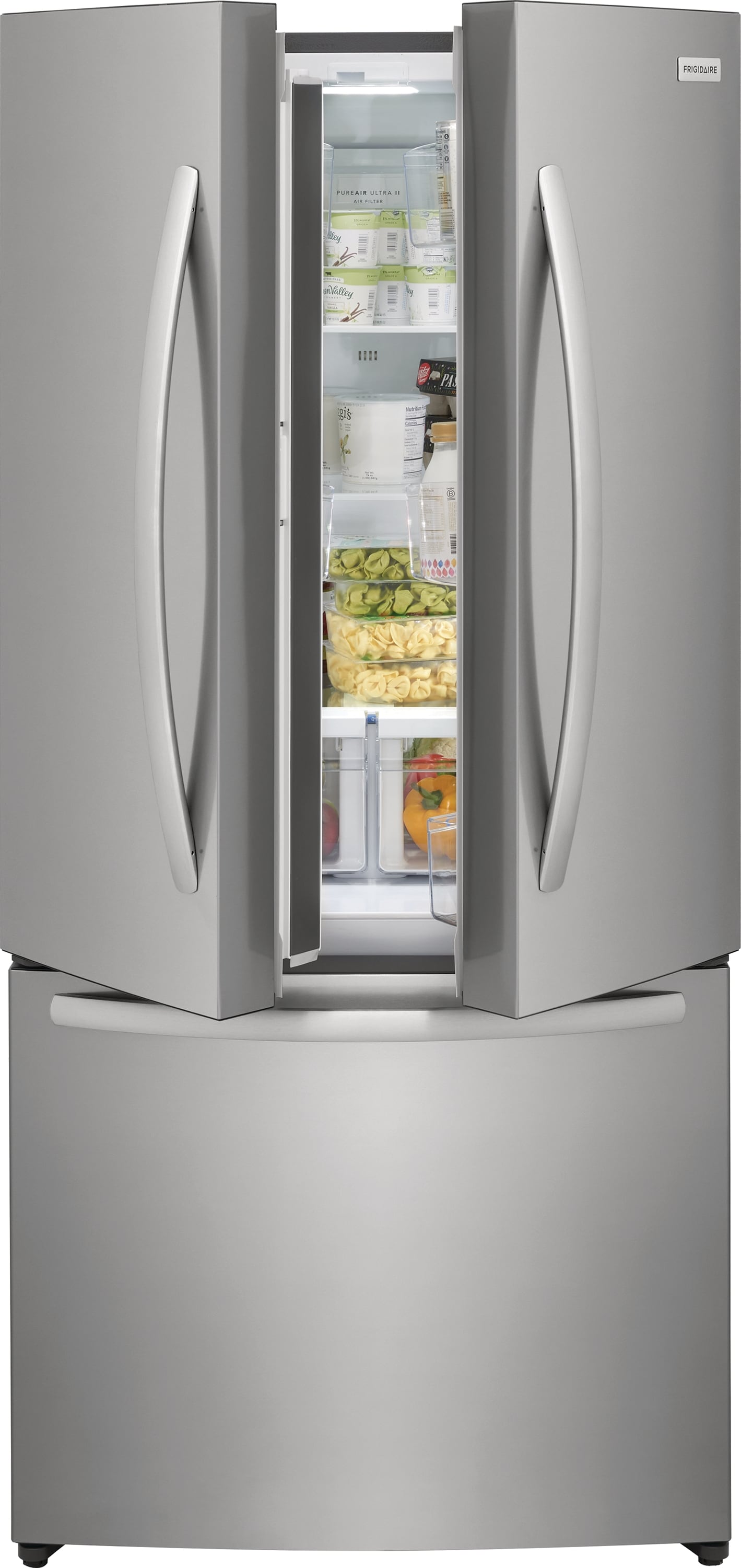 Refrigerador de puertas francesas de 3 puertas con fábrica de hielo y acabado en acero inoxidable resistente a las huellas dactilares, certificado ENERGY STAR y 17.6 pies cúbicos de profundidad de mostrador Frigidaire FRFG1723AV.