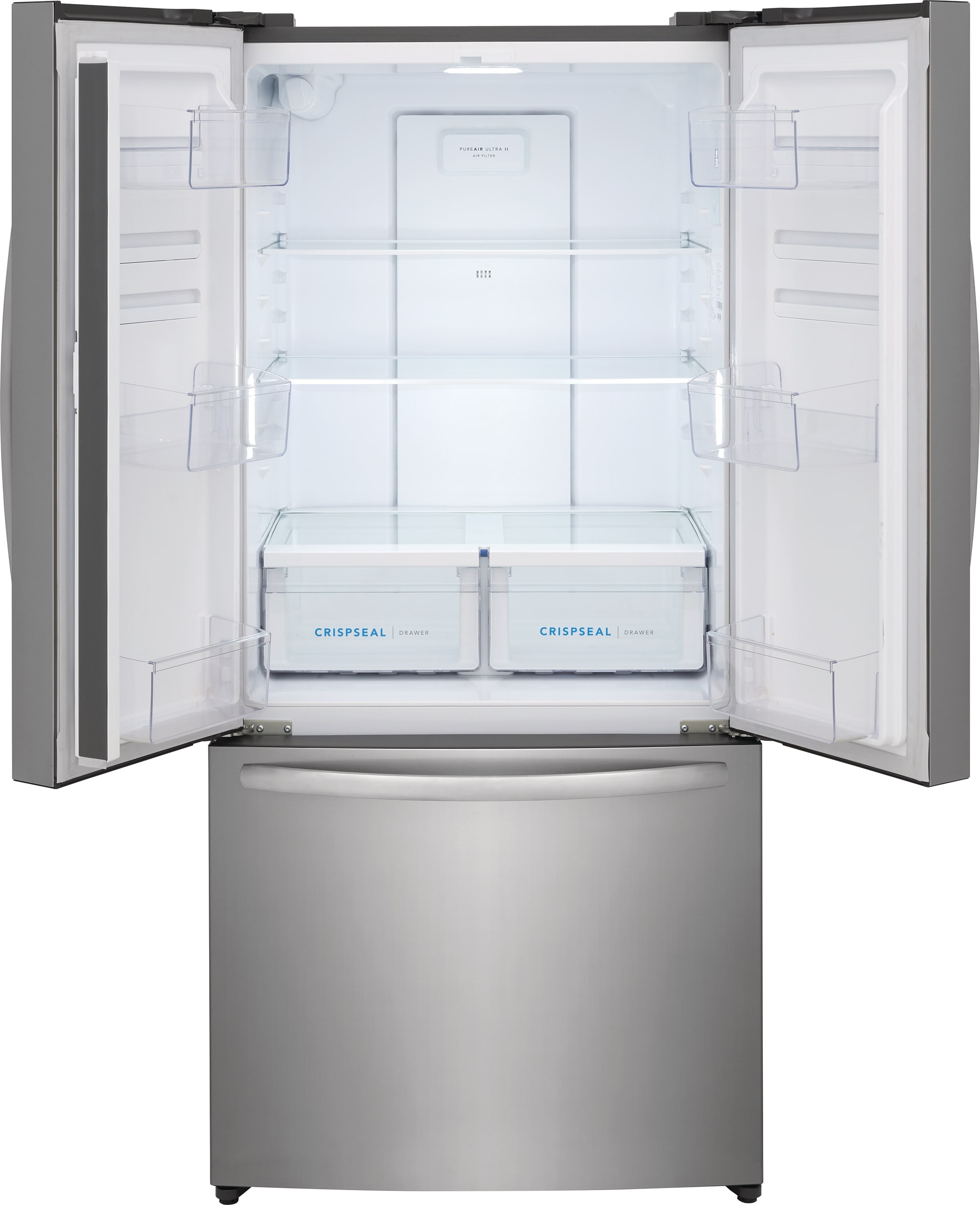 Refrigerador de puertas francesas de 3 puertas con fábrica de hielo y acabado en acero inoxidable resistente a las huellas dactilares, certificado ENERGY STAR y 17.6 pies cúbicos de profundidad de mostrador Frigidaire FRFG1723AV.