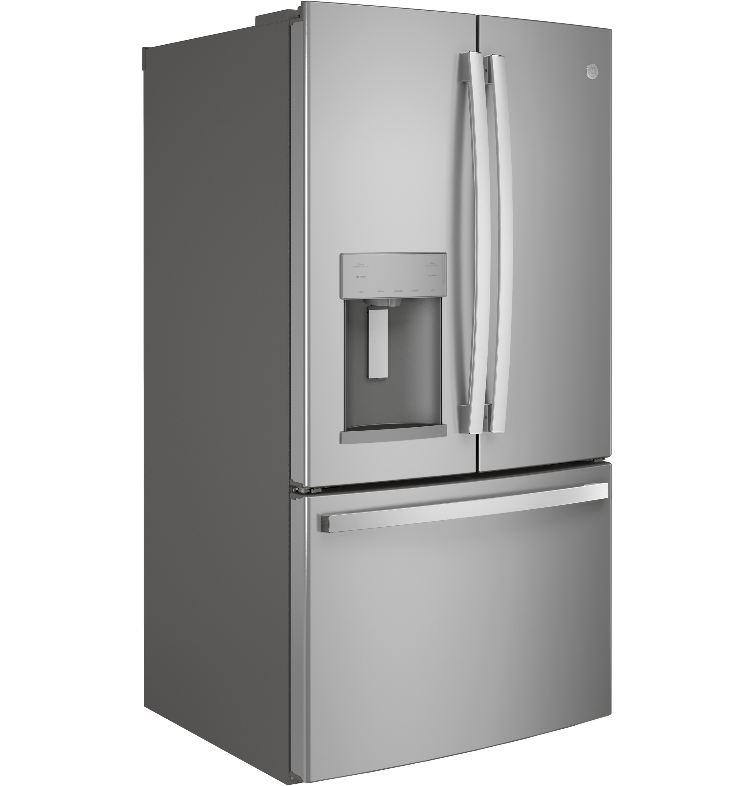Refrigerador de Puerta Francesa de 3 Puertas de GE de 27.7 pies cúbicos de profundidad estándar con fabricador de hielo, dispensador de agua y hielo (Acero inoxidable) Certificado ENERGY STAR GFE28GYNFS