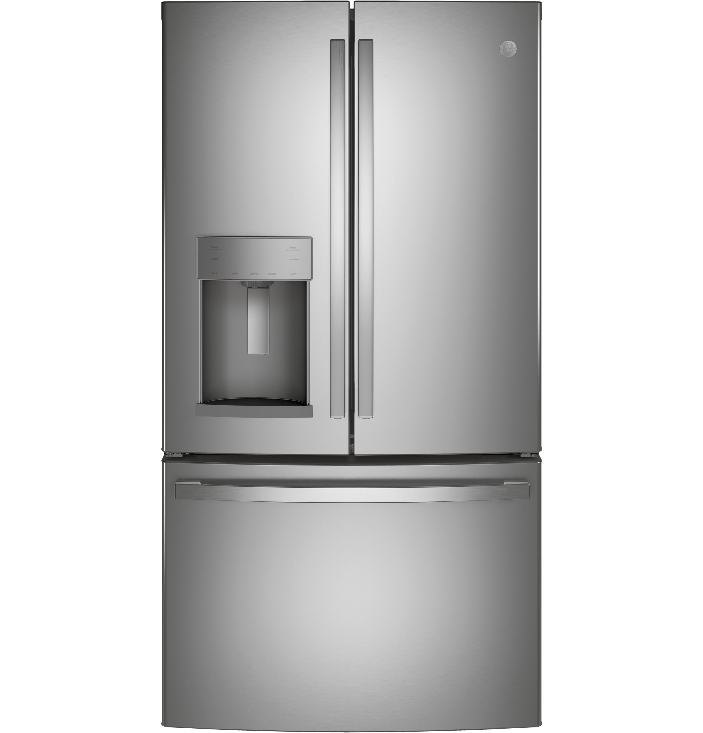 Refrigerador de Puerta Francesa de 3 Puertas de GE de 27.7 pies cúbicos de profundidad estándar con fabricador de hielo, dispensador de agua y hielo (Acero inoxidable) Certificado ENERGY STAR GFE28GYNFS