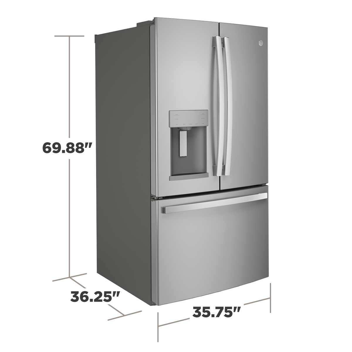 Refrigerador de Puerta Francesa de 3 Puertas de GE de 27.7 pies cúbicos de profundidad estándar con fabricador de hielo, dispensador de agua y hielo (Acero inoxidable) Certificado ENERGY STAR GFE28GYNFS