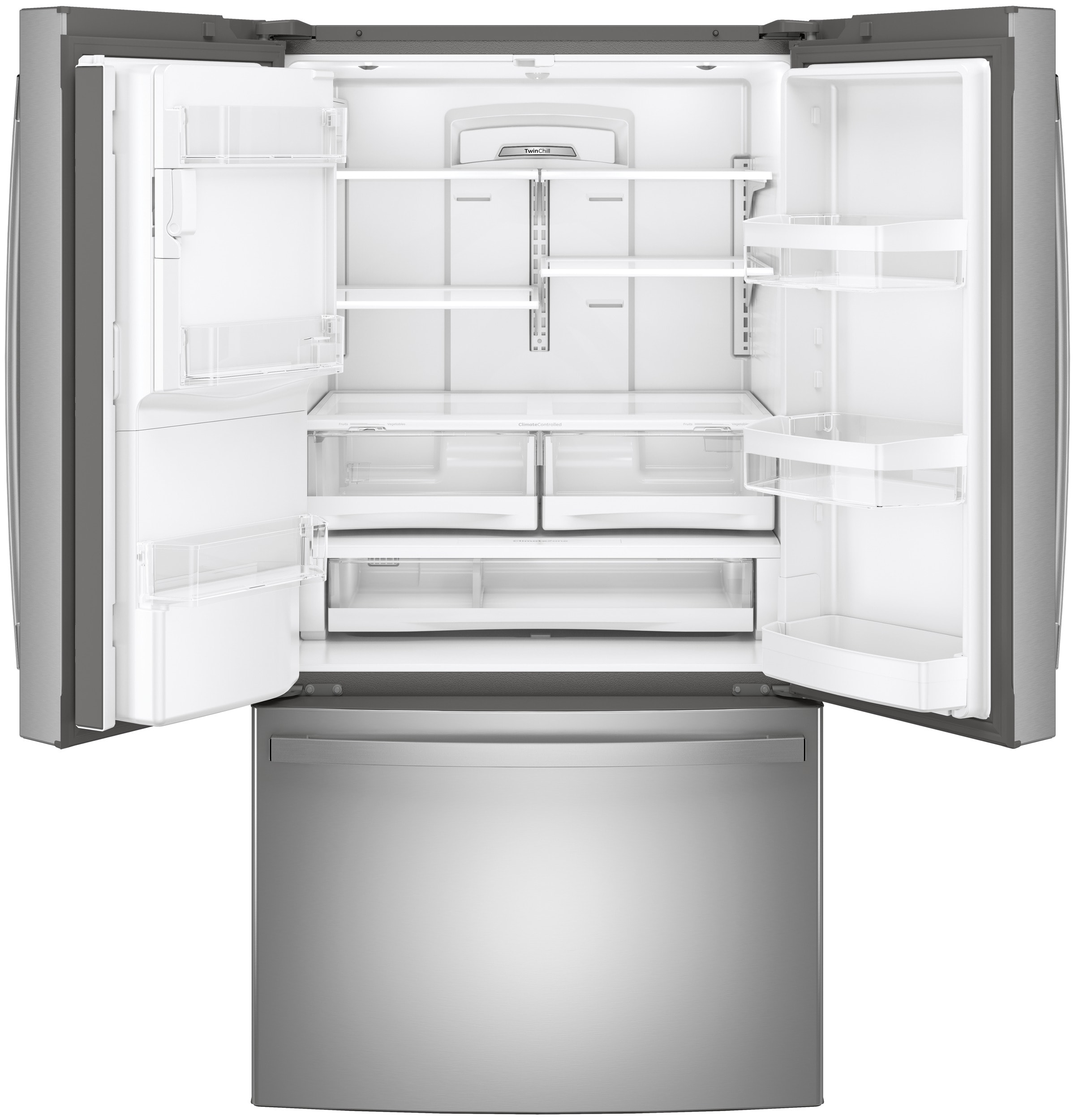 Refrigerador de Puerta Francesa de 3 Puertas de GE de 27.7 pies cúbicos de profundidad estándar con fabricador de hielo, dispensador de agua y hielo (Acero inoxidable) Certificado ENERGY STAR GFE28GYNFS