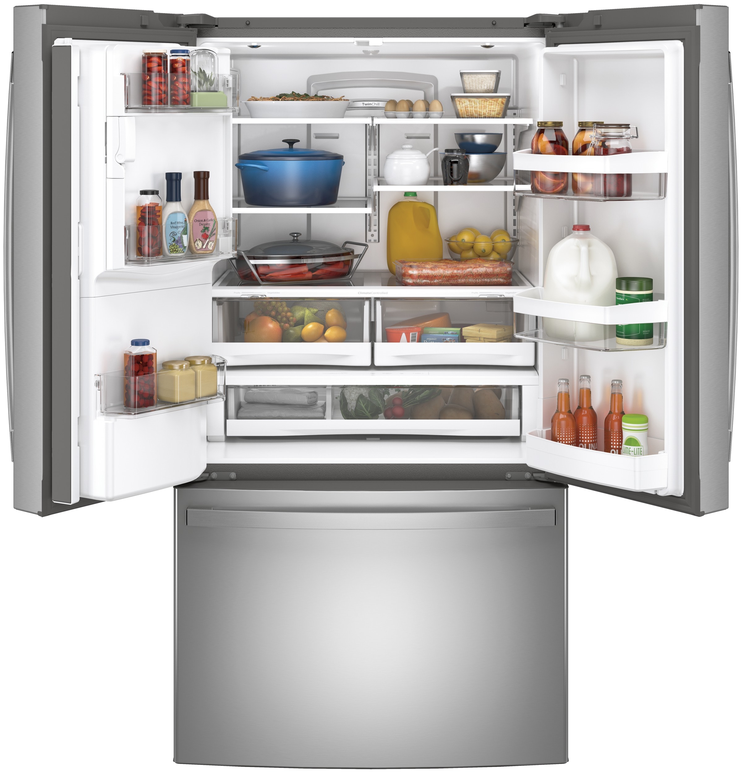 Refrigerador de Puerta Francesa de 3 Puertas de GE de 27.7 pies cúbicos de profundidad estándar con fabricador de hielo, dispensador de agua y hielo (Acero inoxidable) Certificado ENERGY STAR GFE28GYNFS