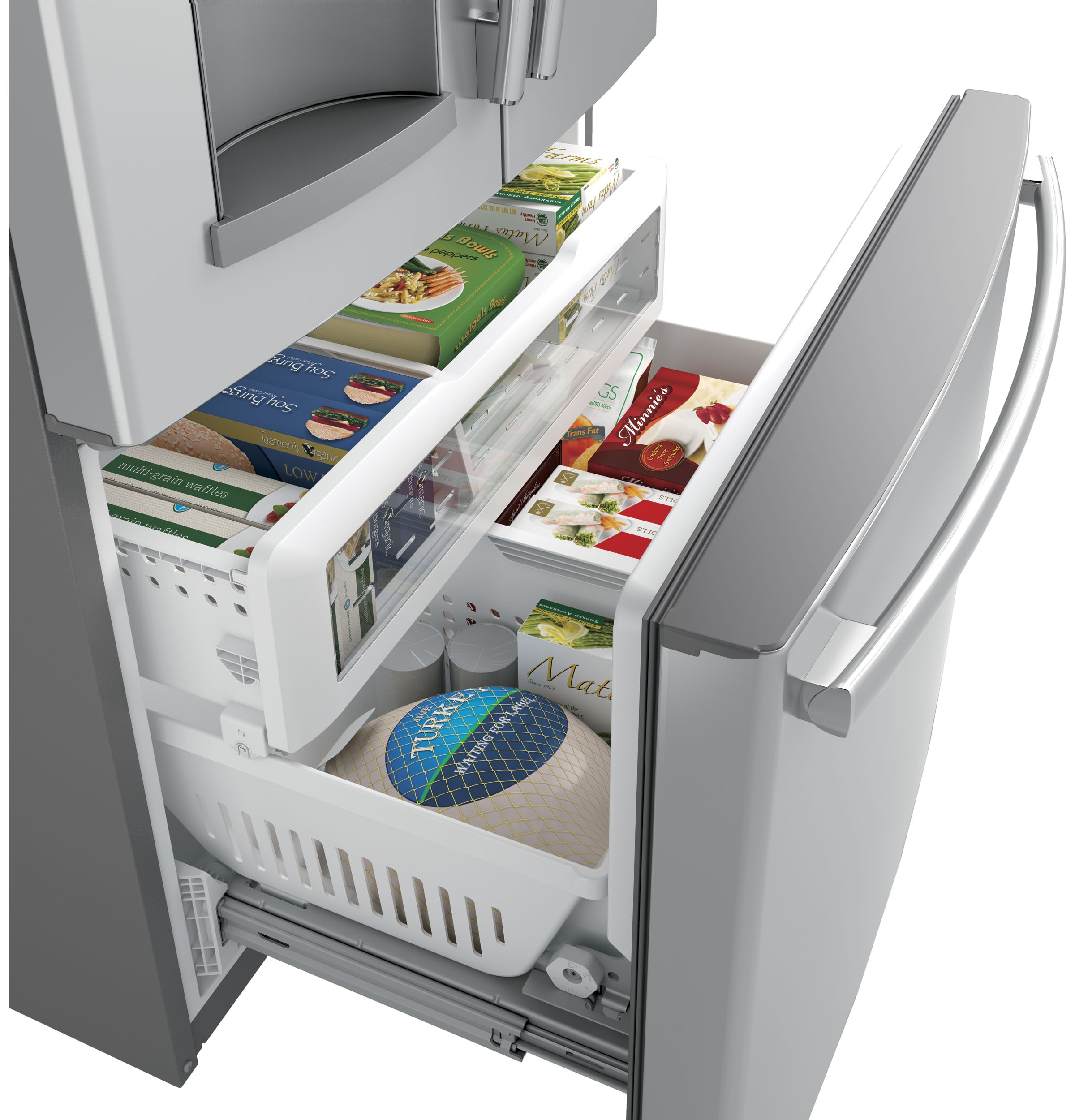 Refrigerador de Puerta Francesa de 3 Puertas de GE de 27.7 pies cúbicos de profundidad estándar con fabricador de hielo, dispensador de agua y hielo (Acero inoxidable) Certificado ENERGY STAR GFE28GYNFS