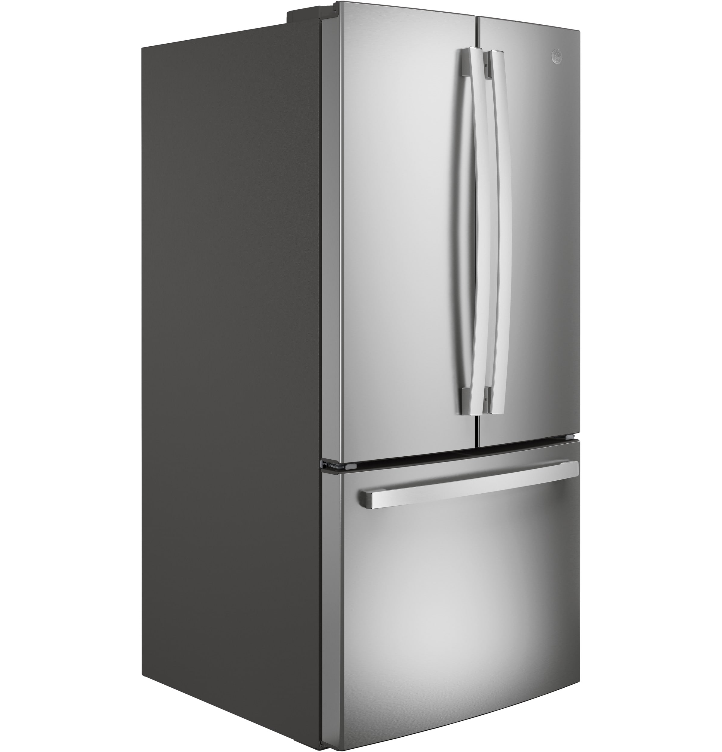Refrigerador francés de 3 puertas con dispensador de hielo y agua de acero inoxidable, certificado ENERGY STAR de GE con una capacidad estándar de 24.8 pies cúbicos.