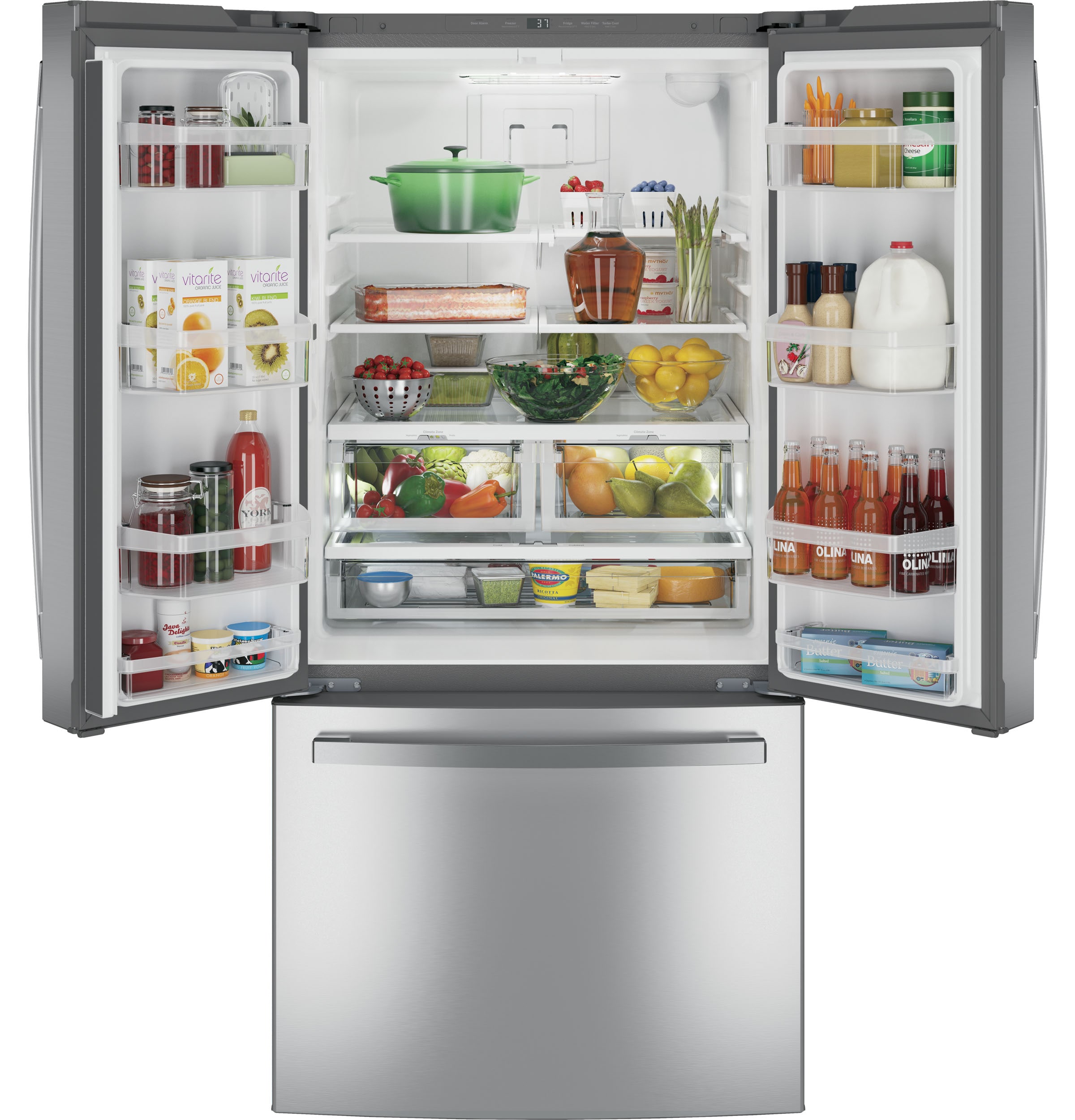 Refrigerador francés de 3 puertas con dispensador de hielo y agua de acero inoxidable, certificado ENERGY STAR de GE con una capacidad estándar de 24.8 pies cúbicos.