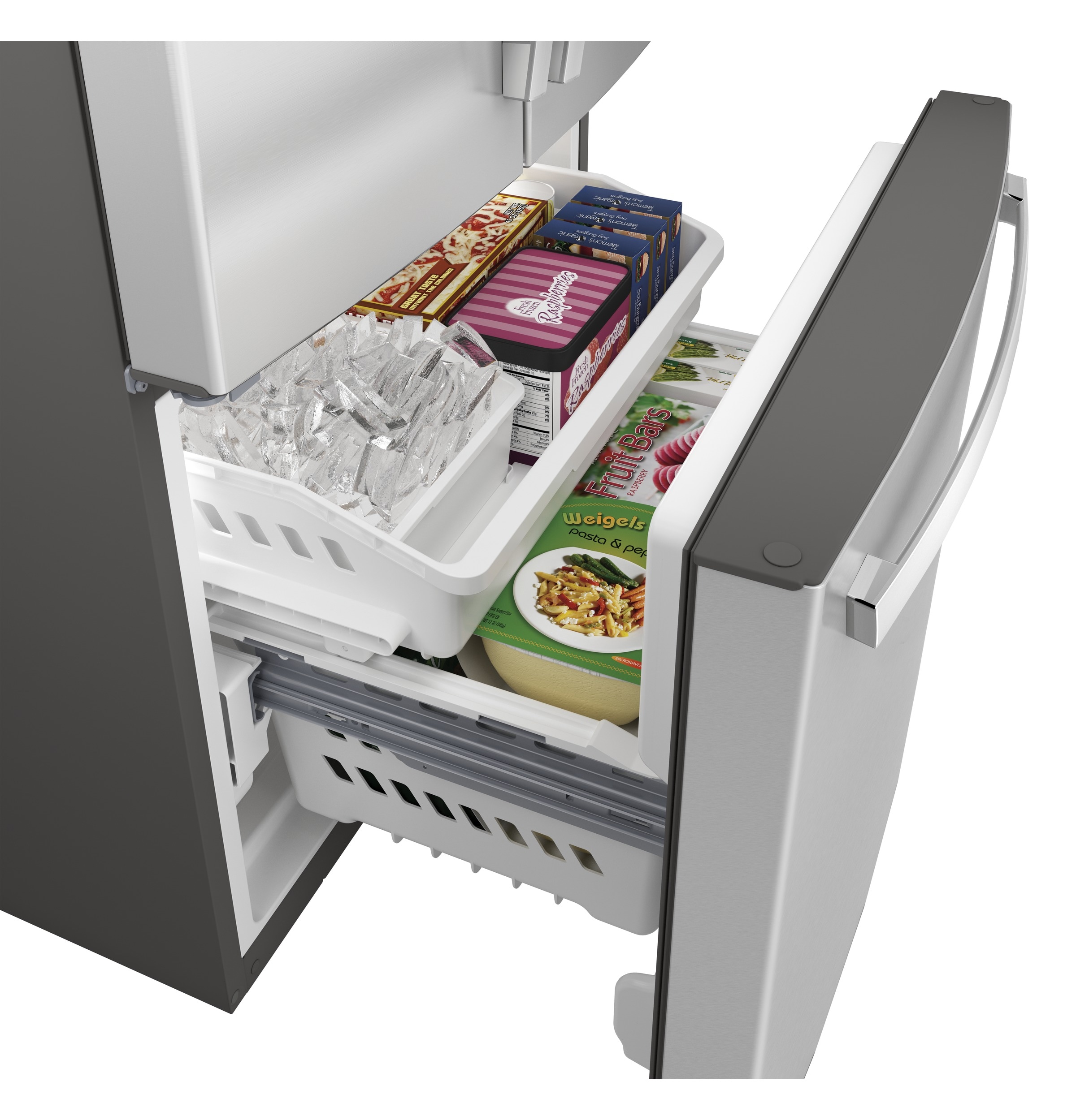 Refrigerador francés de 3 puertas con dispensador de hielo y agua de acero inoxidable, certificado ENERGY STAR de GE con una capacidad estándar de 24.8 pies cúbicos.
