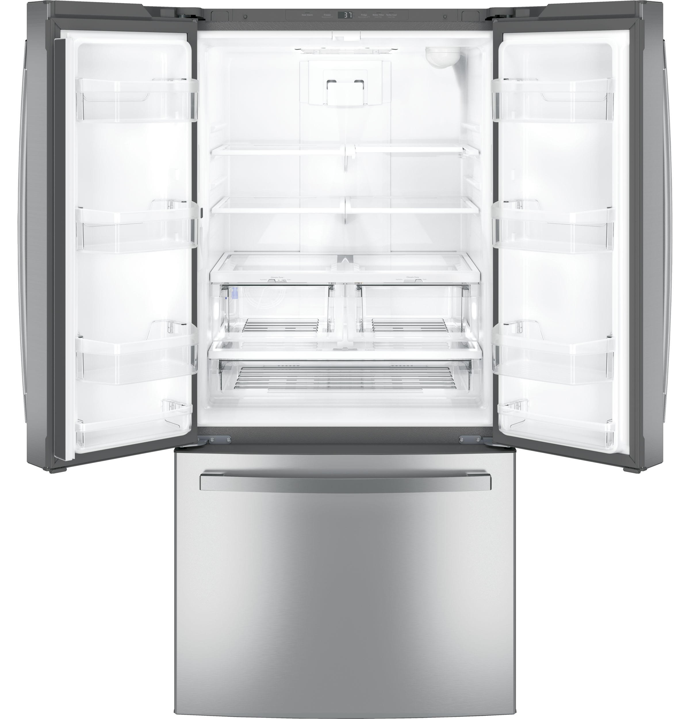 Refrigerador francés de 3 puertas con dispensador de hielo y agua de acero inoxidable, certificado ENERGY STAR de GE con una capacidad estándar de 24.8 pies cúbicos.