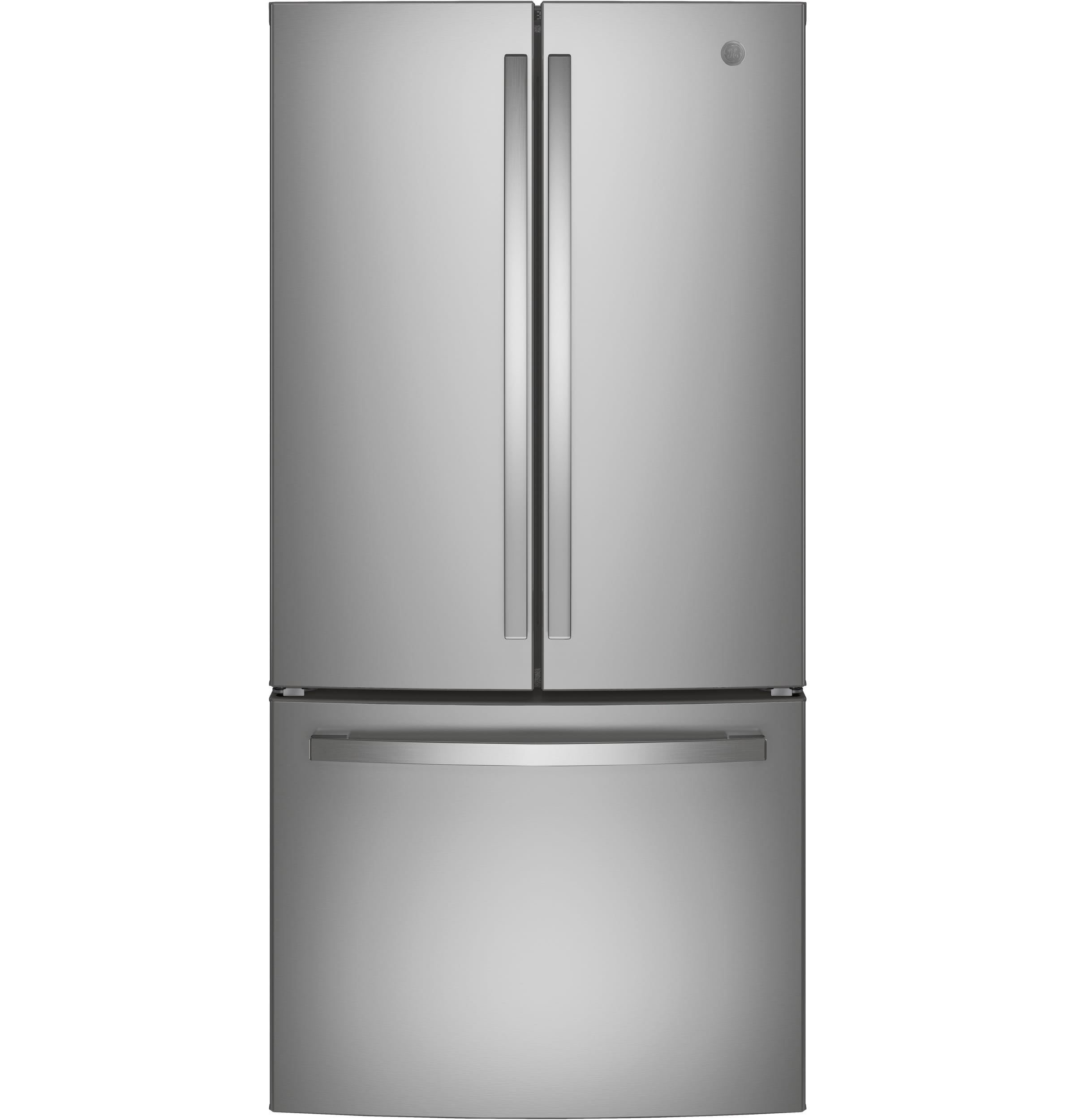 Refrigerador francés de 3 puertas con dispensador de hielo y agua de acero inoxidable, certificado ENERGY STAR de GE con una capacidad estándar de 24.8 pies cúbicos.