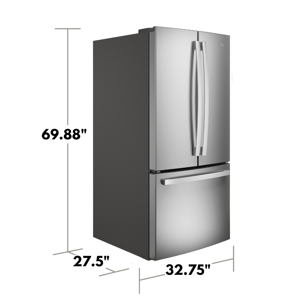 Refrigerador francés de 3 puertas con dispensador de hielo y agua de acero inoxidable, certificado ENERGY STAR de GE con una capacidad estándar de 24.8 pies cúbicos.