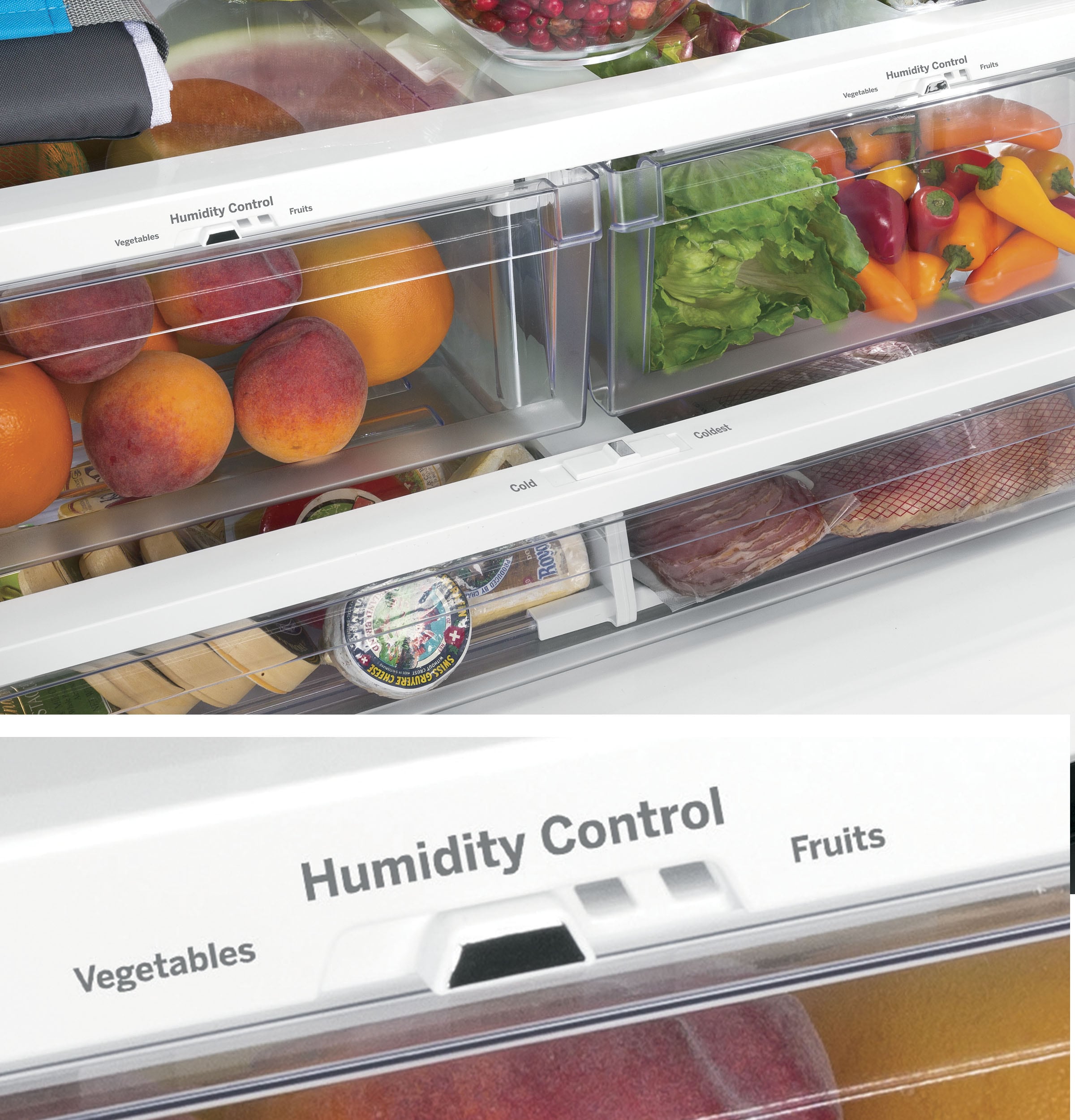 Refrigerador francés de 3 puertas con dispensador de hielo y agua de acero inoxidable, certificado ENERGY STAR de GE con una capacidad estándar de 24.8 pies cúbicos.